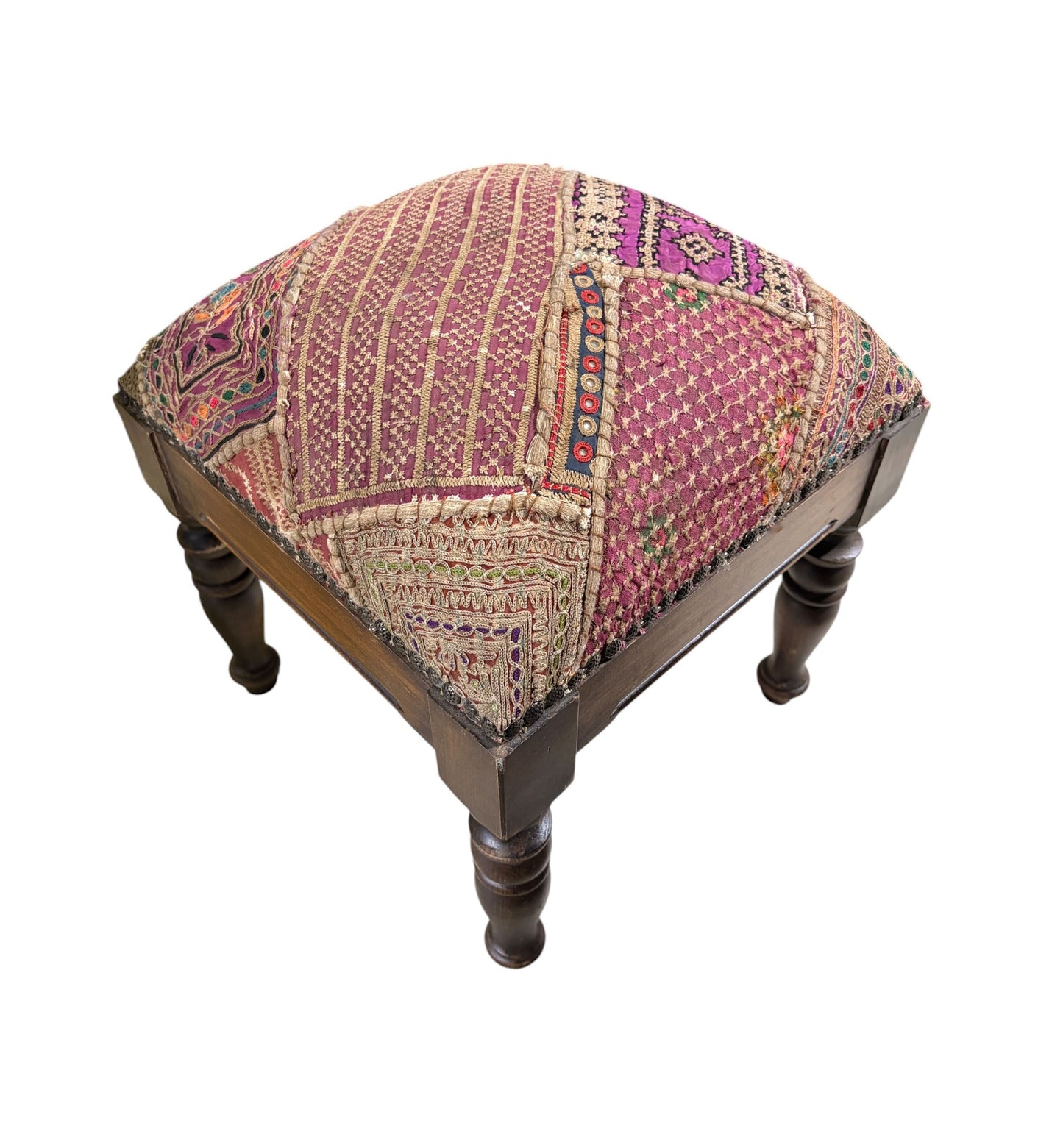 #3754 Vintage Stool/Footstool Upholstered  w/ Kutchi Indian Banjara Fabric w 16" H