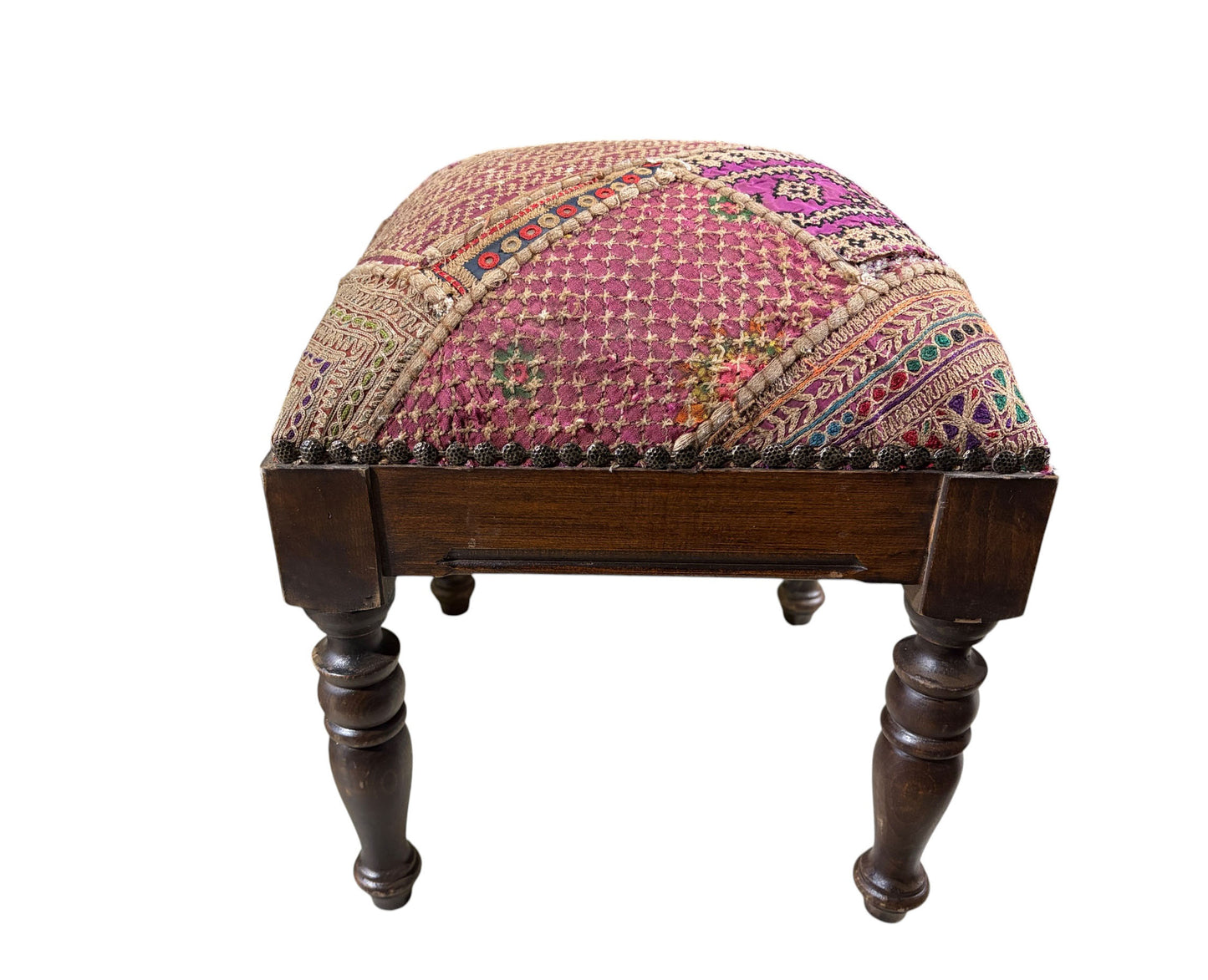 #3754 Vintage Stool/Footstool Upholstered  w/ Kutchi Indian Banjara Fabric w 16" H