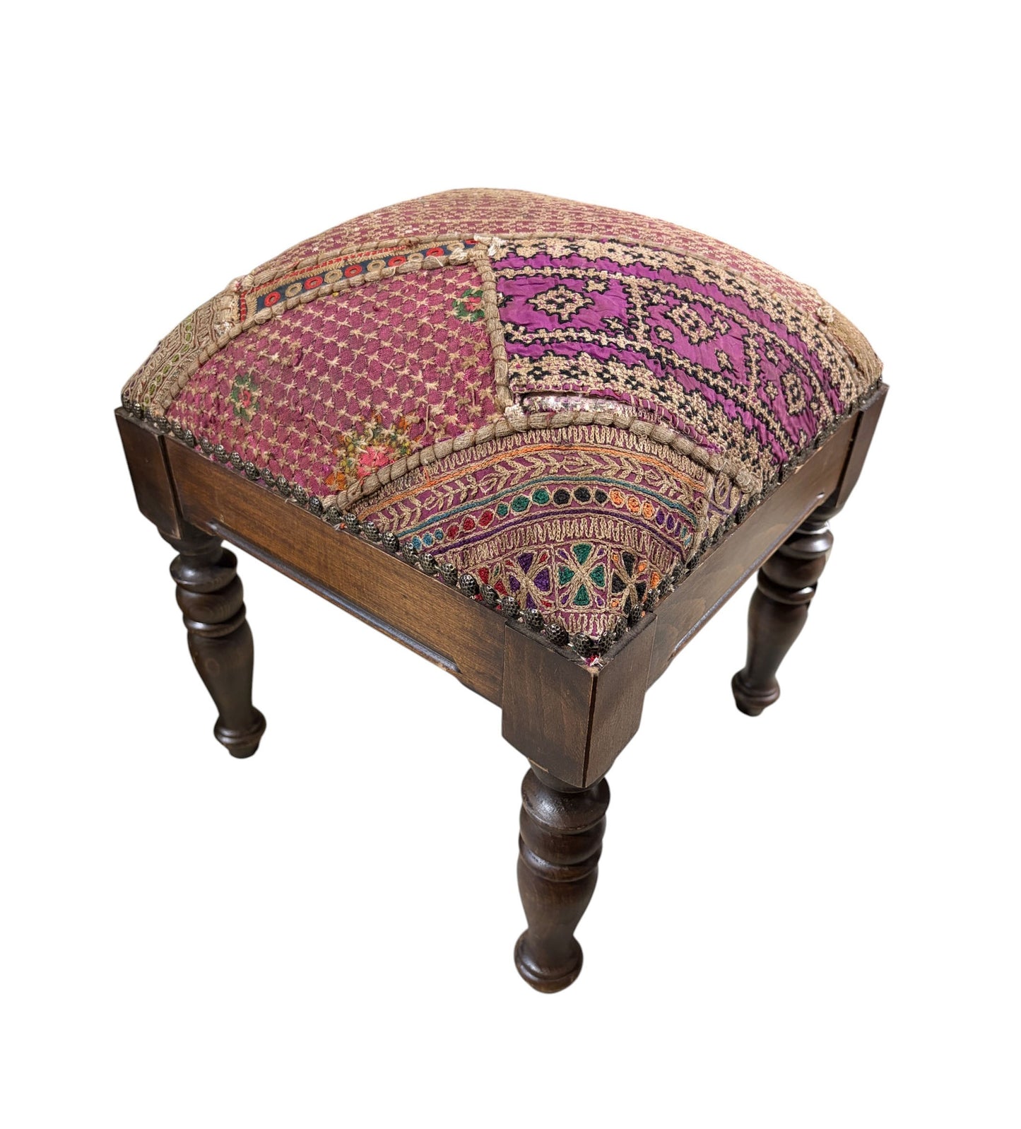 #3754 Vintage Stool/Footstool Upholstered  w/ Kutchi Indian Banjara Fabric w 16" H
