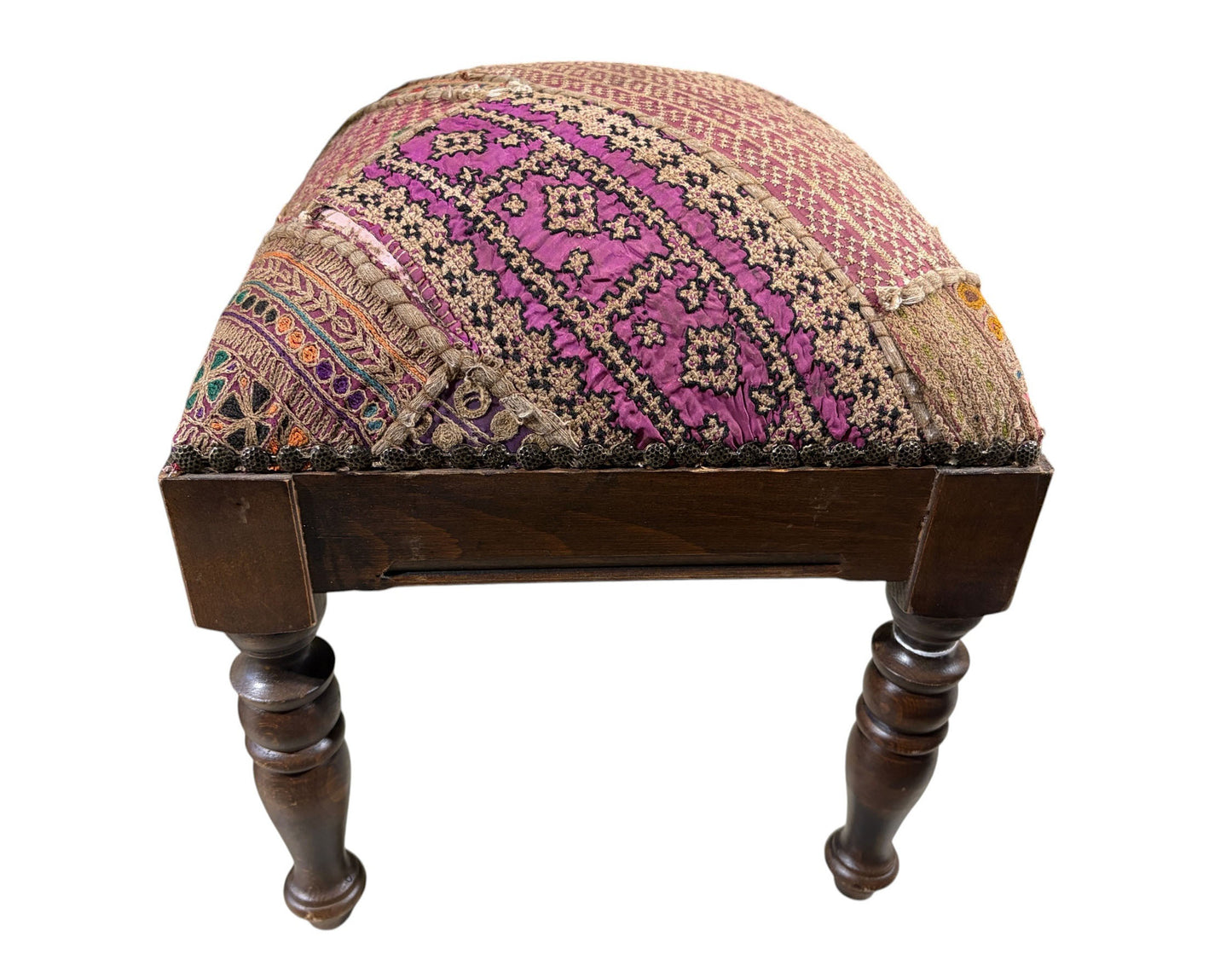 #3754 Vintage Stool/Footstool Upholstered  w/ Kutchi Indian Banjara Fabric w 16" H