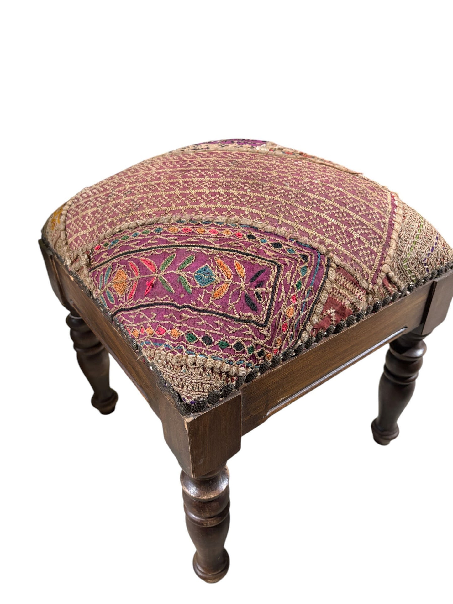 #3754 Vintage Stool/Footstool Upholstered  w/ Kutchi Indian Banjara Fabric w 16" H