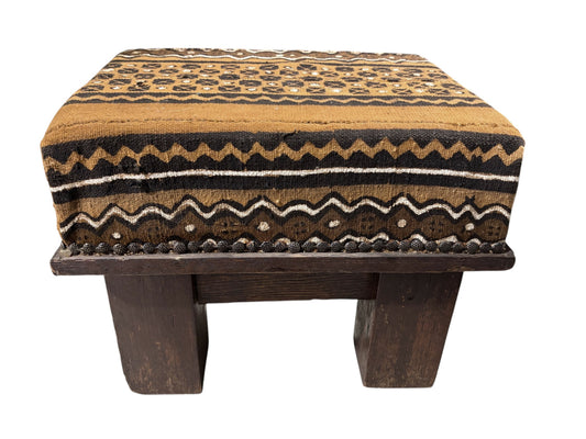 #215 Vintage Footstool/Low Stool W/Bogolan Mud cloth 16" W