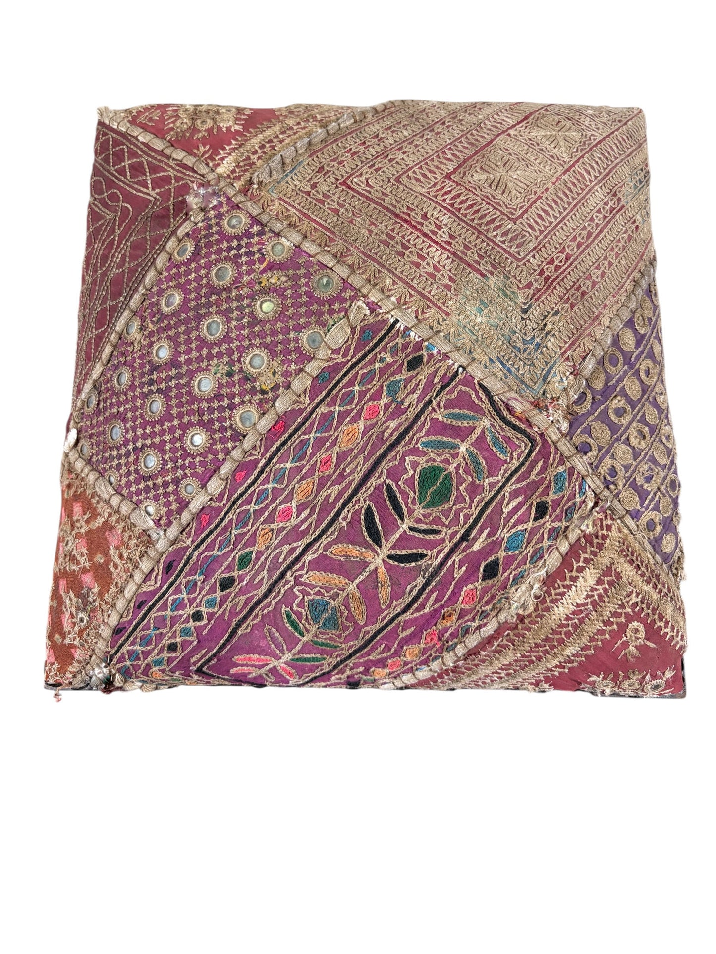 #7353A Vintage Stool/Footstool Upholstered  W/Kutchi Indian Banjara Fabric W/ mirrors 16" H