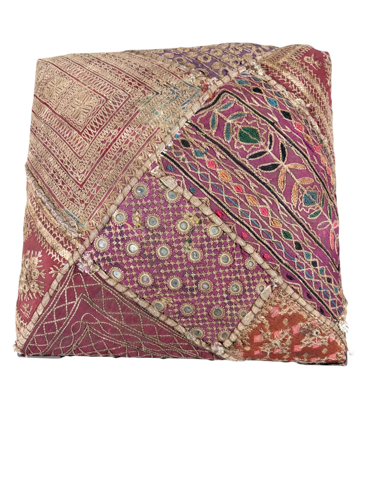 #7353A Vintage Stool/Footstool Upholstered  W/Kutchi Indian Banjara Fabric W/ mirrors 16" H