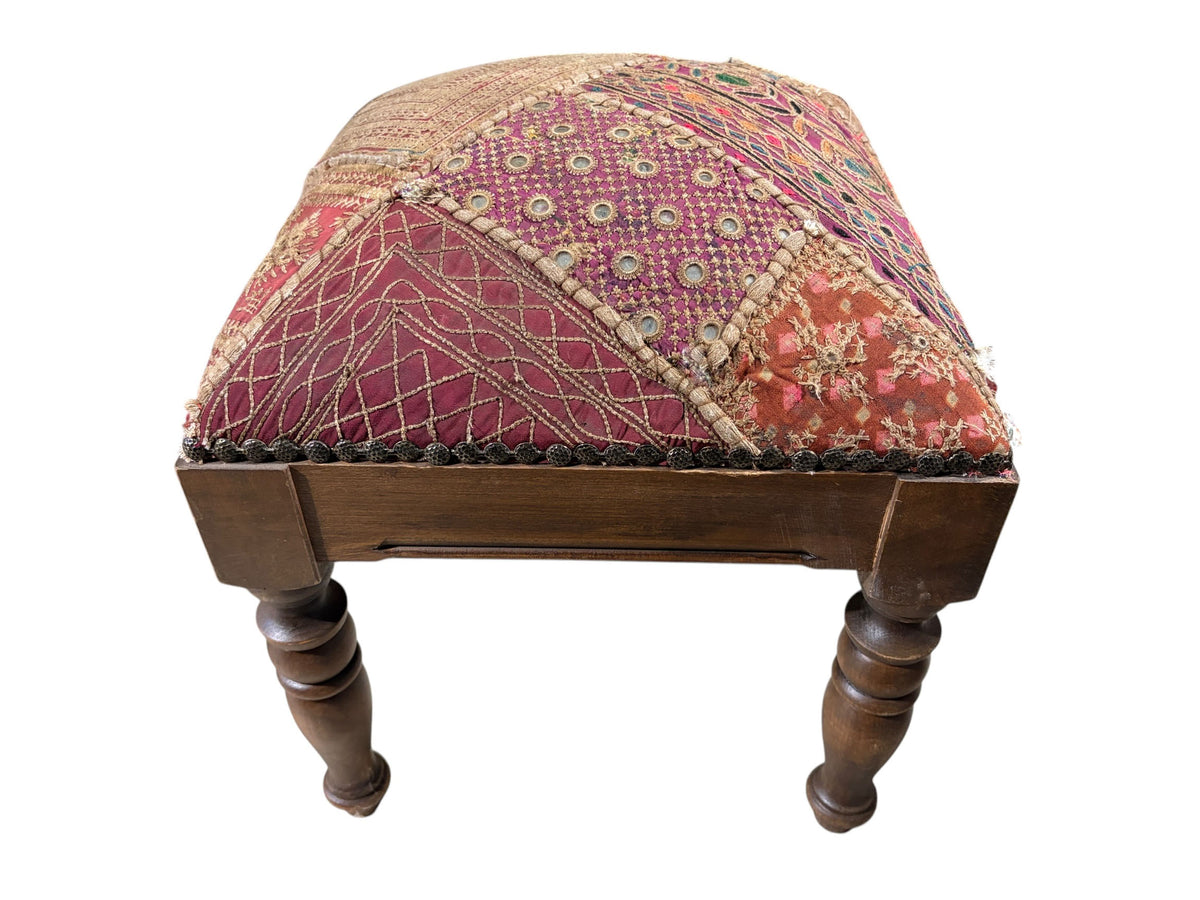 #7353A Vintage Stool/Footstool Upholstered  W/Kutchi Indian Banjara Fabric W/ mirrors 16" H