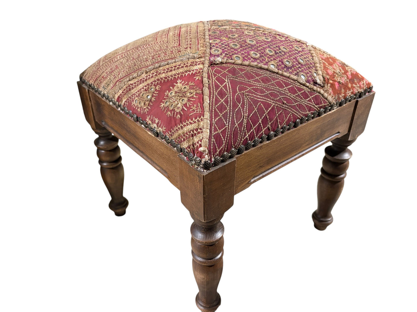 #7353A Vintage Stool/Footstool Upholstered  W/Kutchi Indian Banjara Fabric W/ mirrors 16" H