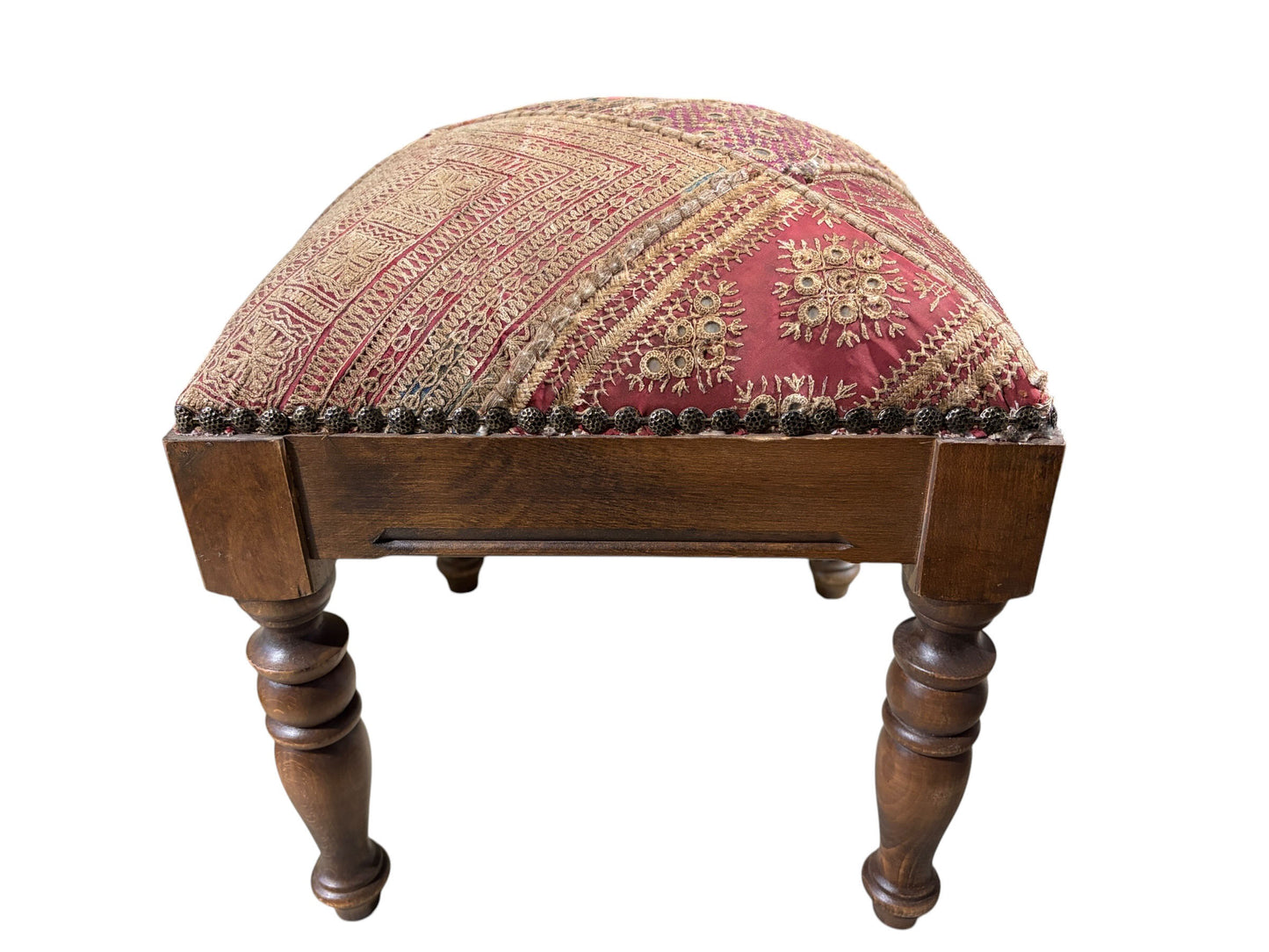 #7353A Vintage Stool/Footstool Upholstered  W/Kutchi Indian Banjara Fabric W/ mirrors 16" H