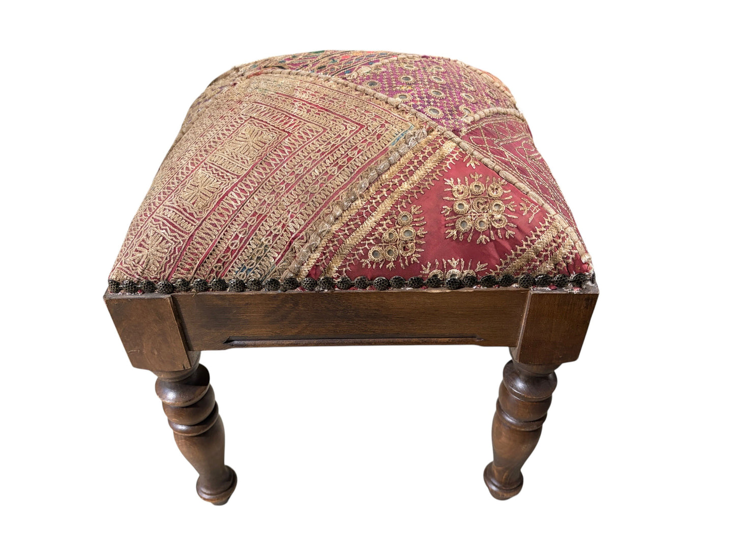 #7353A Vintage Stool/Footstool Upholstered  W/Kutchi Indian Banjara Fabric W/ mirrors 16" H