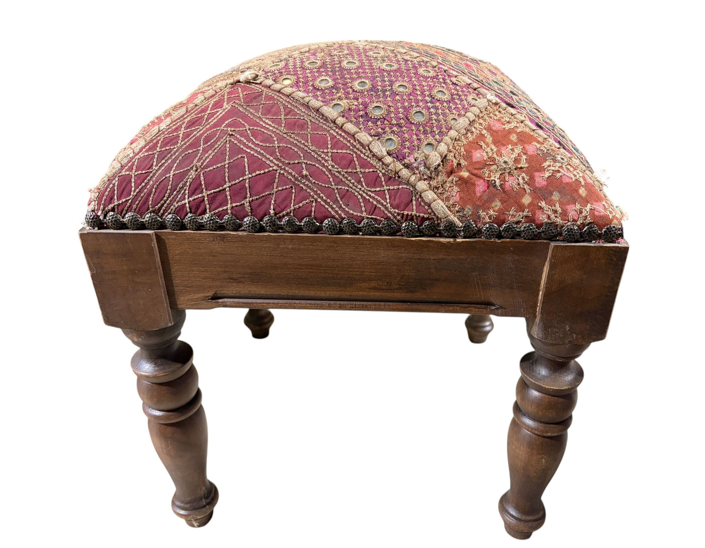 #7353A Vintage Stool/Footstool Upholstered  W/Kutchi Indian Banjara Fabric W/ mirrors 16" H