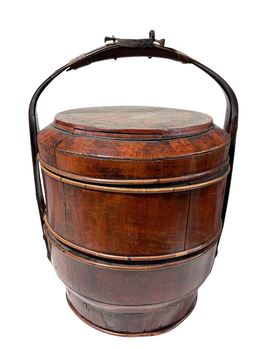 #6082 Antique Chinese Wedding Basket 3 Tier Lacquered Wood Dowry Basket 20”
