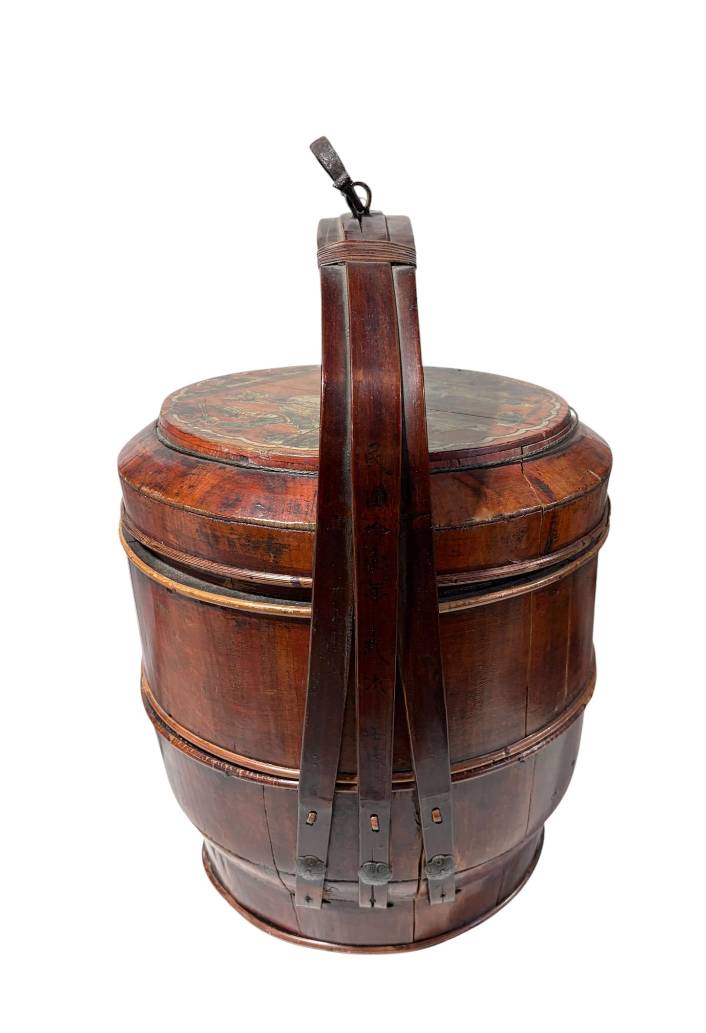 #6082 Antique Chinese Wedding Basket 3 Tier Lacquered Wood Dowry Basket 20”