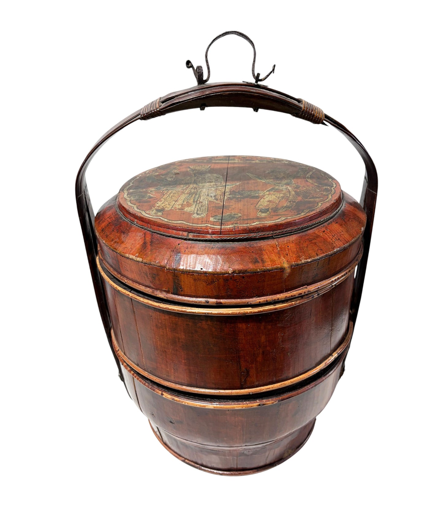 #6082 Antique Chinese Wedding Basket 3 Tier Lacquered Wood Dowry Basket 20”