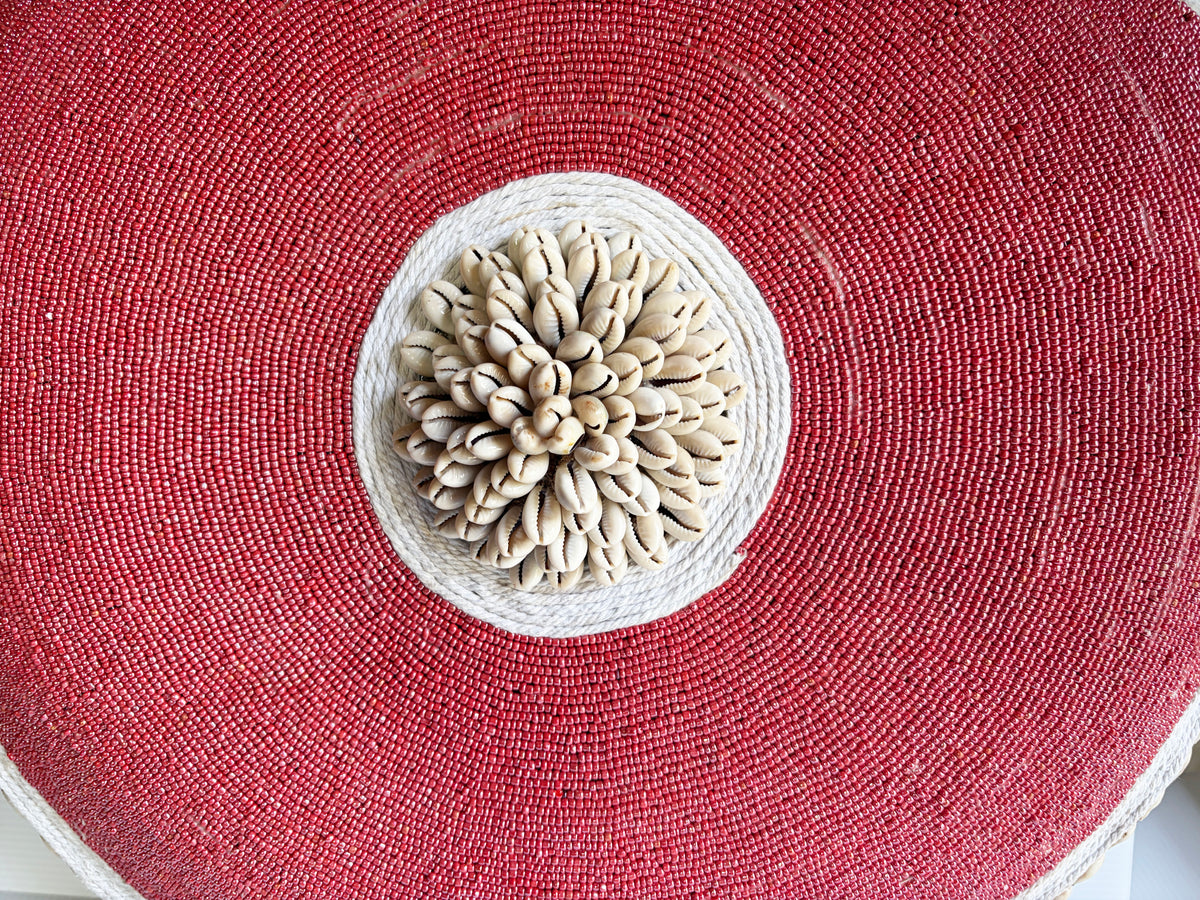 #1237 Vintage  African Bamileke  Tribe Beaded & Shell  Round Shield 20.5" D