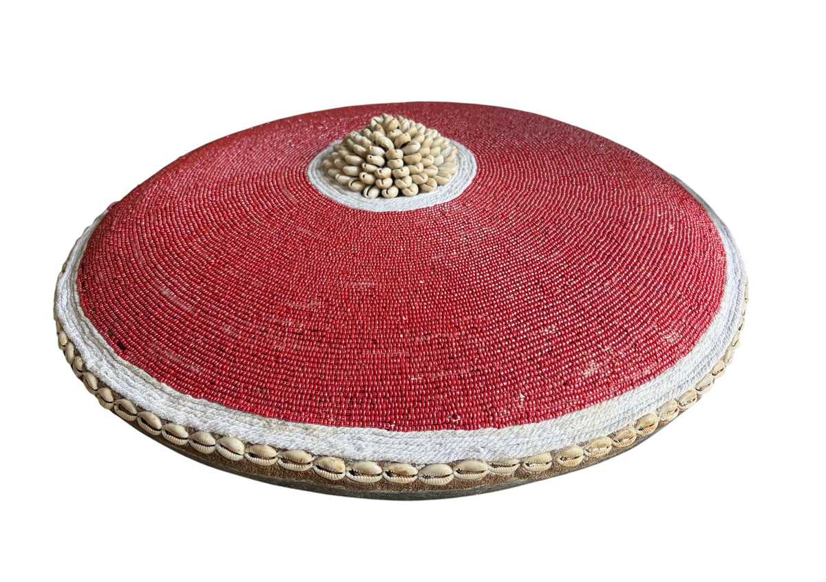 #1237 Vintage  African Bamileke  Tribe Beaded & Shell  Round Shield 20.5" D