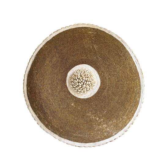 #1238 Vintage  African Bamileke Tribe Beaded & Shell  Round  Wooden Shield 20.5" D