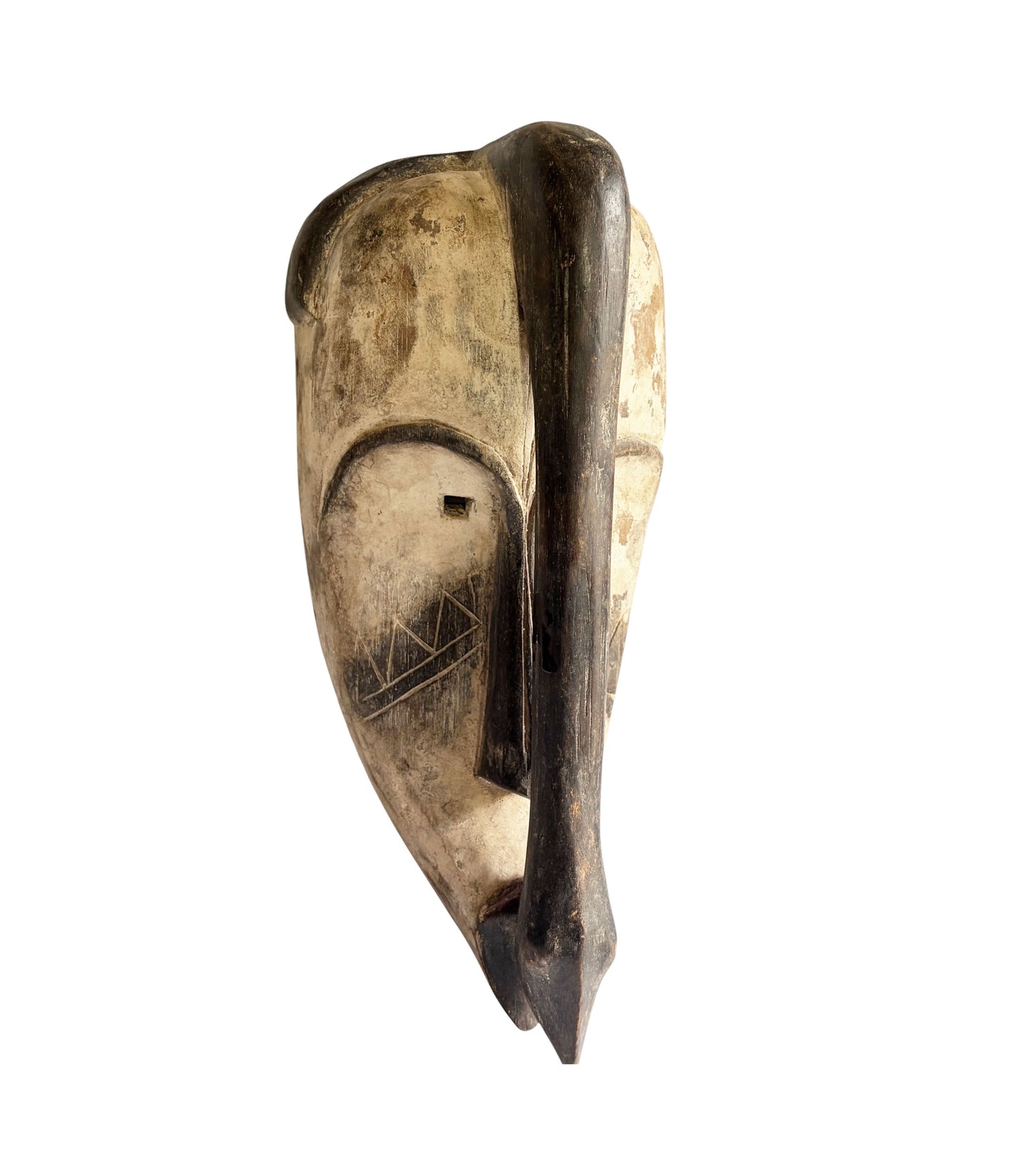 # 1220 Vintage  African Fang  Elongated Face  Wooden  Bird Mask Gabon  16" H