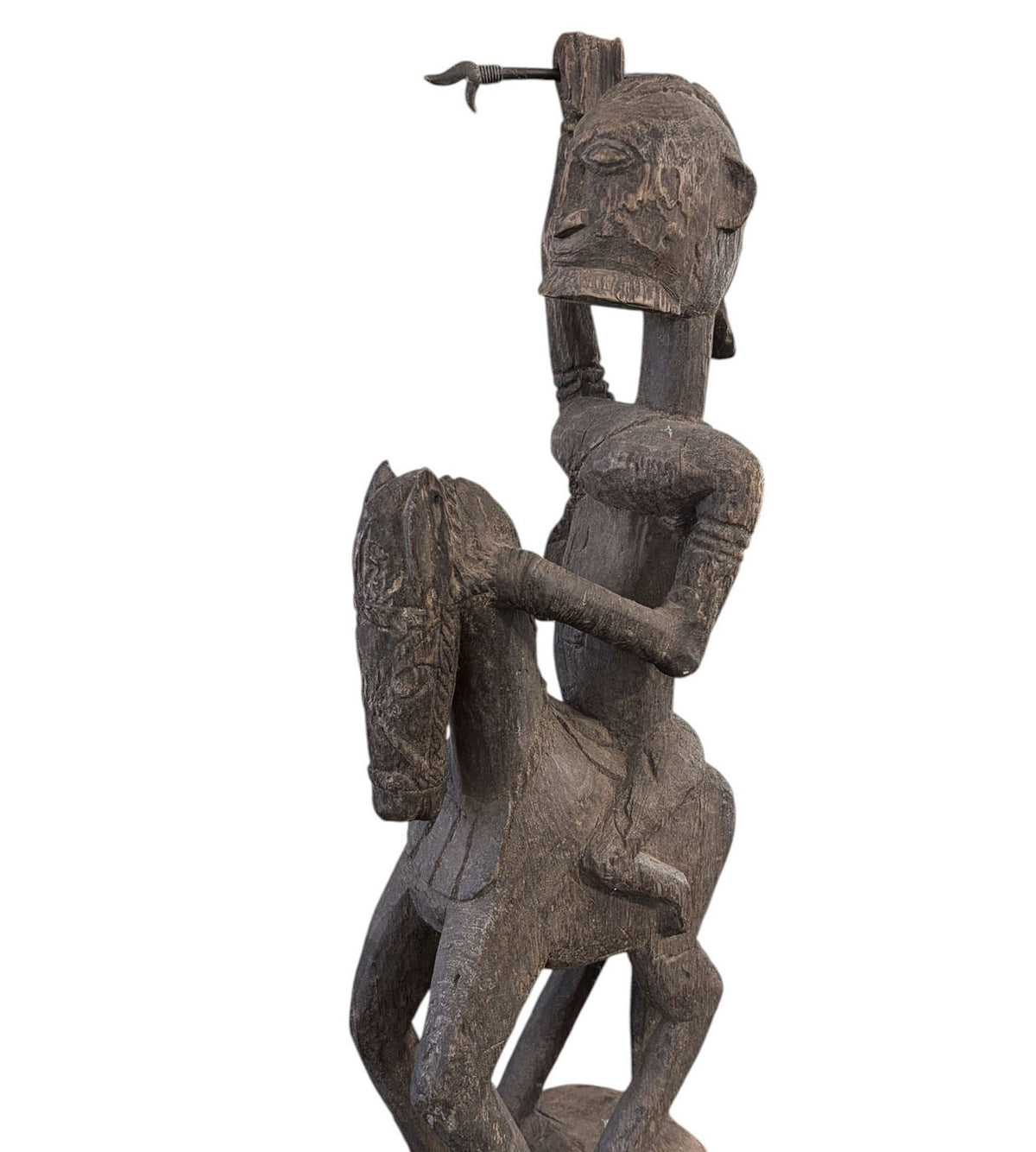 #4023 Lg Old African Dogon Hand Carved Wood Horseman Mali 31" H W/Stand