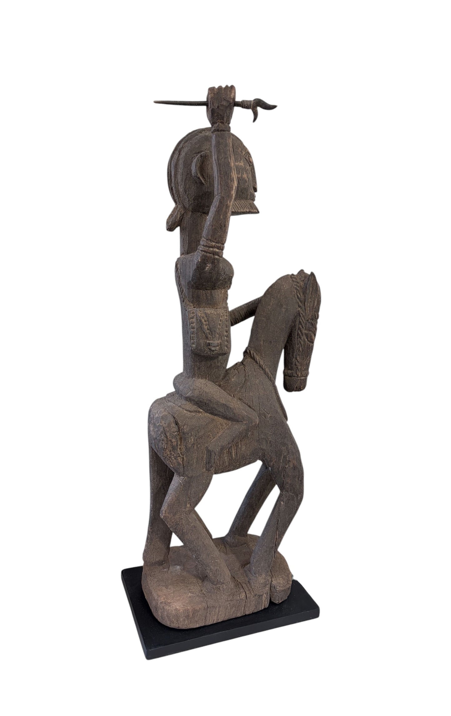 #4023 Lg Old African Dogon Hand Carved Wood Horseman Mali 31" H W/Stand