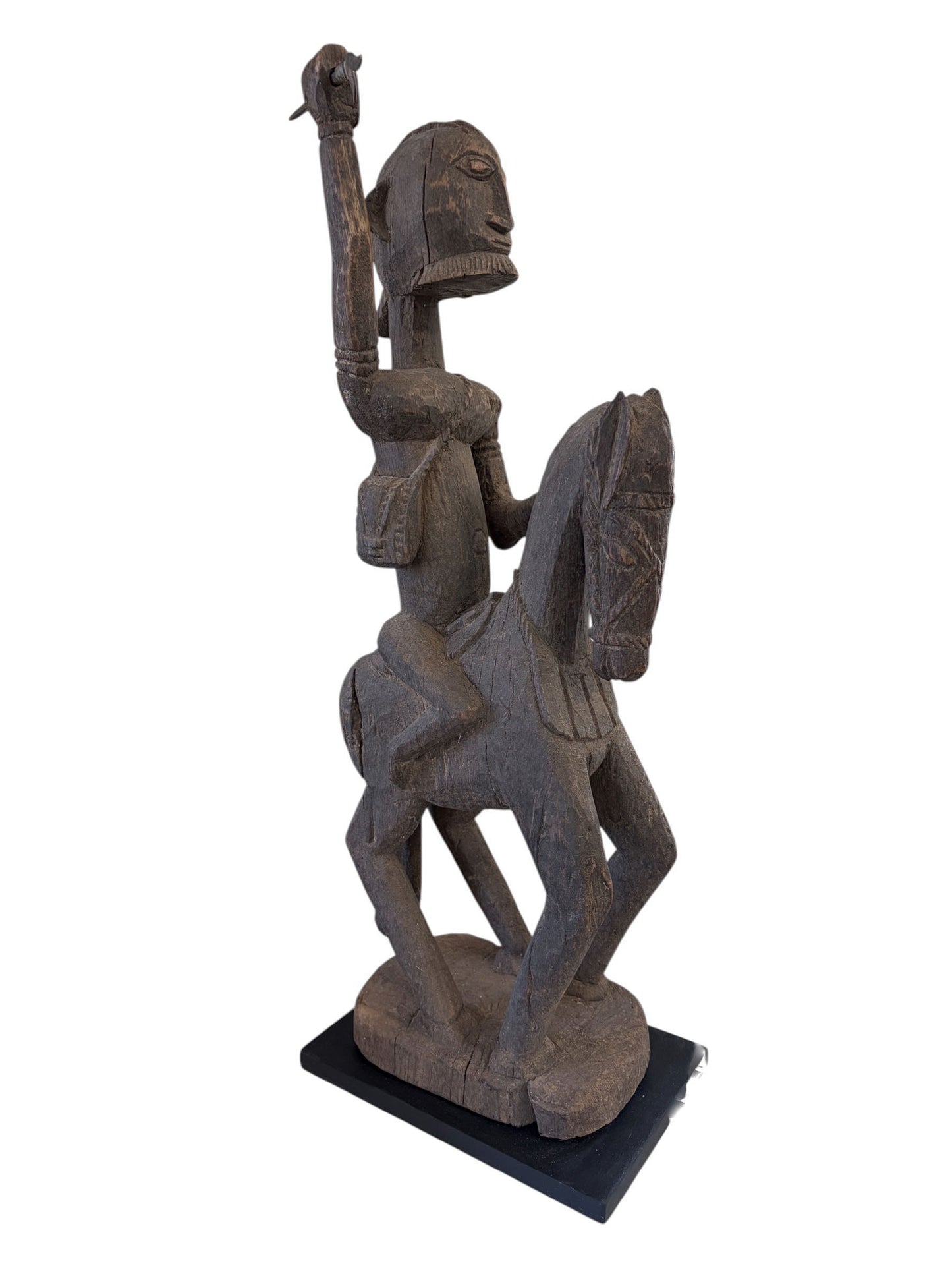 #4023 Lg Old African Dogon Hand Carved Wood Horseman Mali 31" H W/Stand