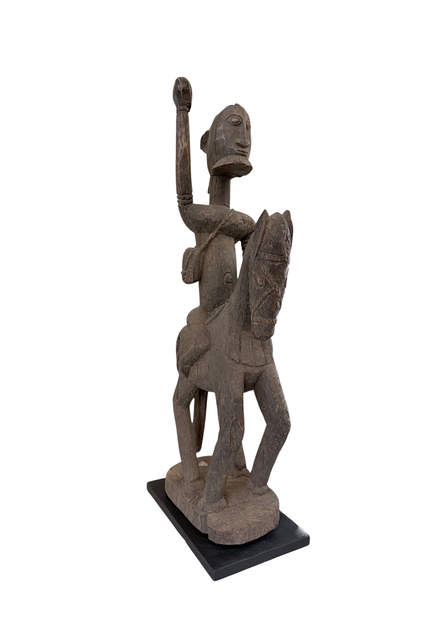 #4023 Lg Old African Dogon Hand Carved Wood Horseman Mali 31" H W/Stand