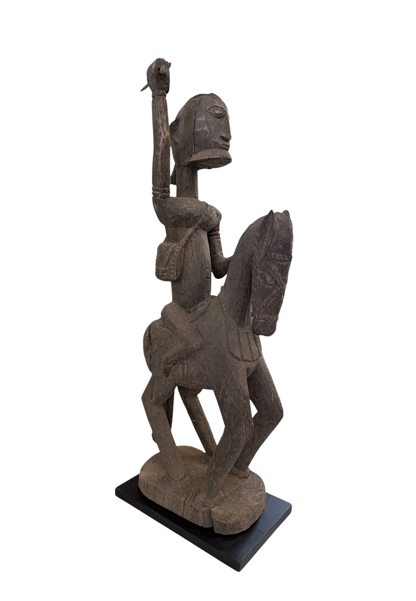 #4023 Lg Old African Dogon Hand Carved Wood Horseman Mali 31" H W/Stand