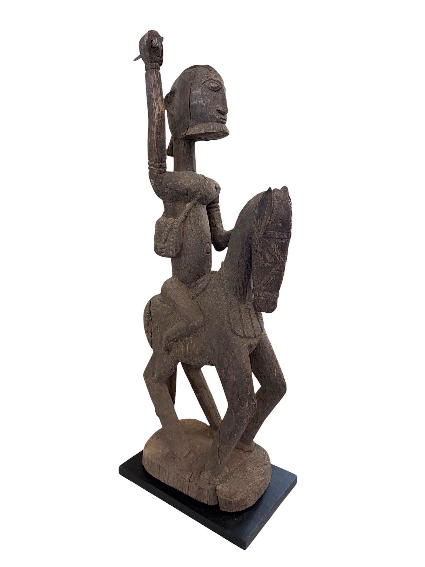 #4023 Lg Old African Dogon Hand Carved Wood Horseman Mali 31" H W/Stand