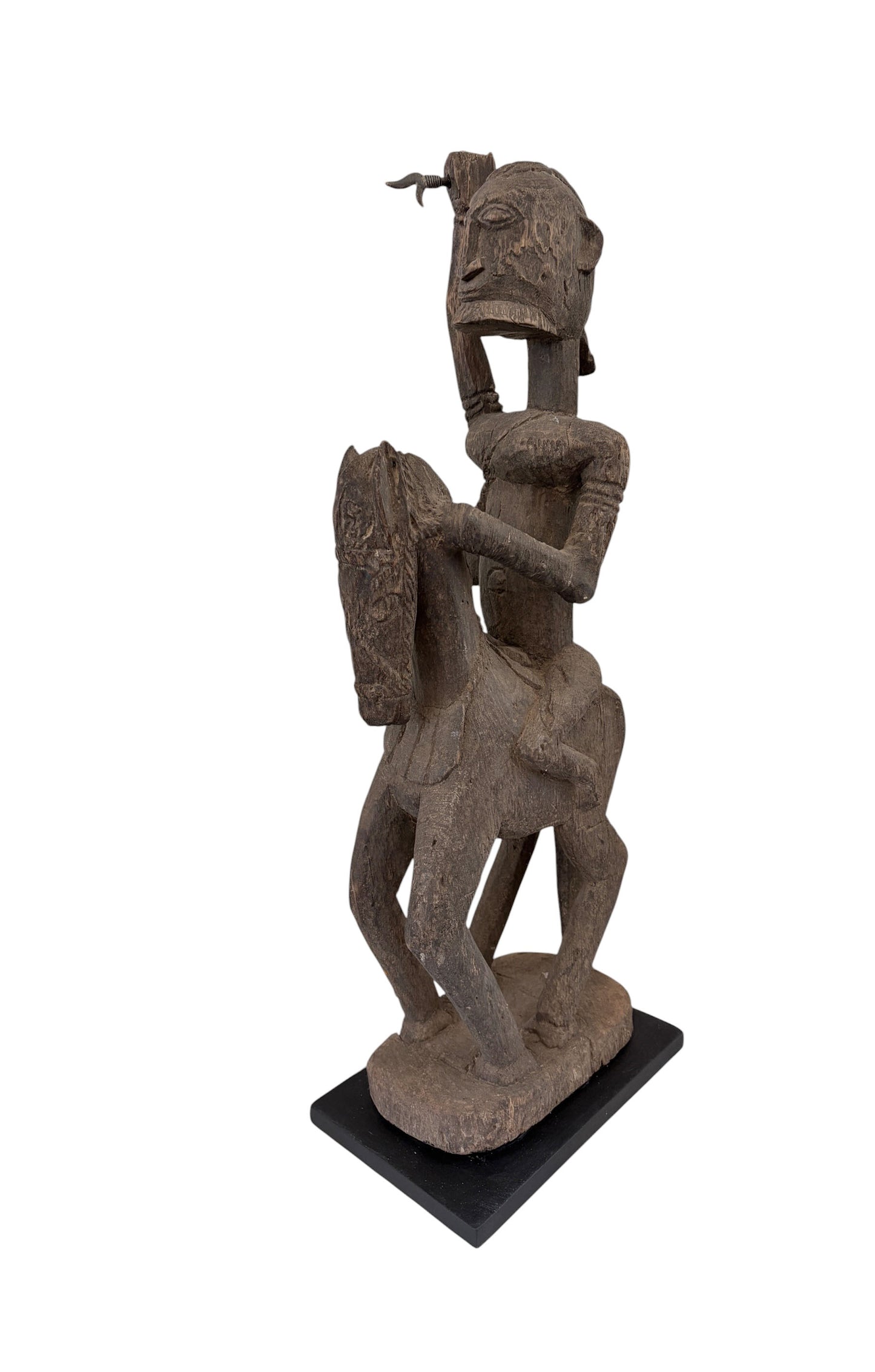 #4023 Lg Old African Dogon Hand Carved Wood Horseman Mali 31" H W/Stand
