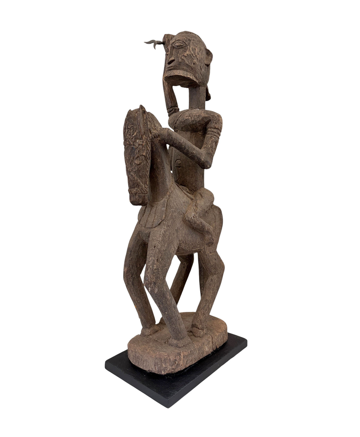 #4023 Lg Old African Dogon Hand Carved Wood Horseman Mali 31" H W/Stand
