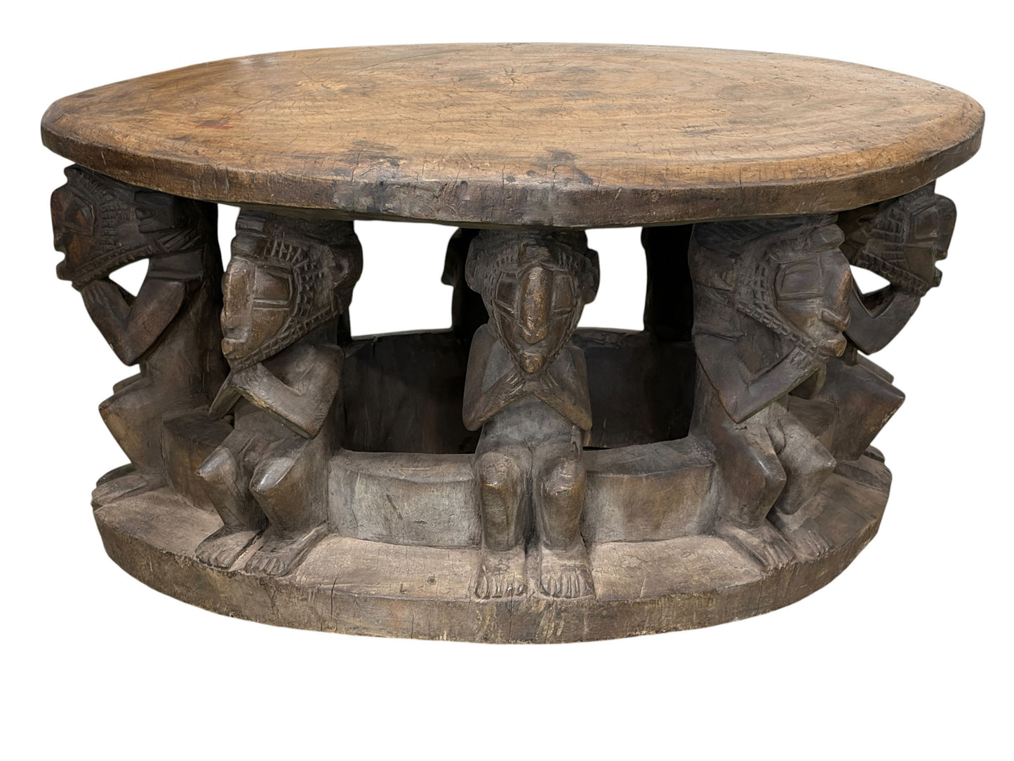 #1210 Vintage Large  Baga Carved Stool /Table Nimba Kneeling  Figures 27.5" W