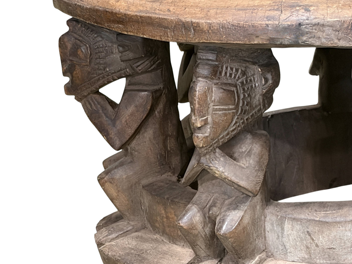 #1210 Vintage Large  Baga Carved Stool /Table Nimba Kneeling  Figures 27.5" W