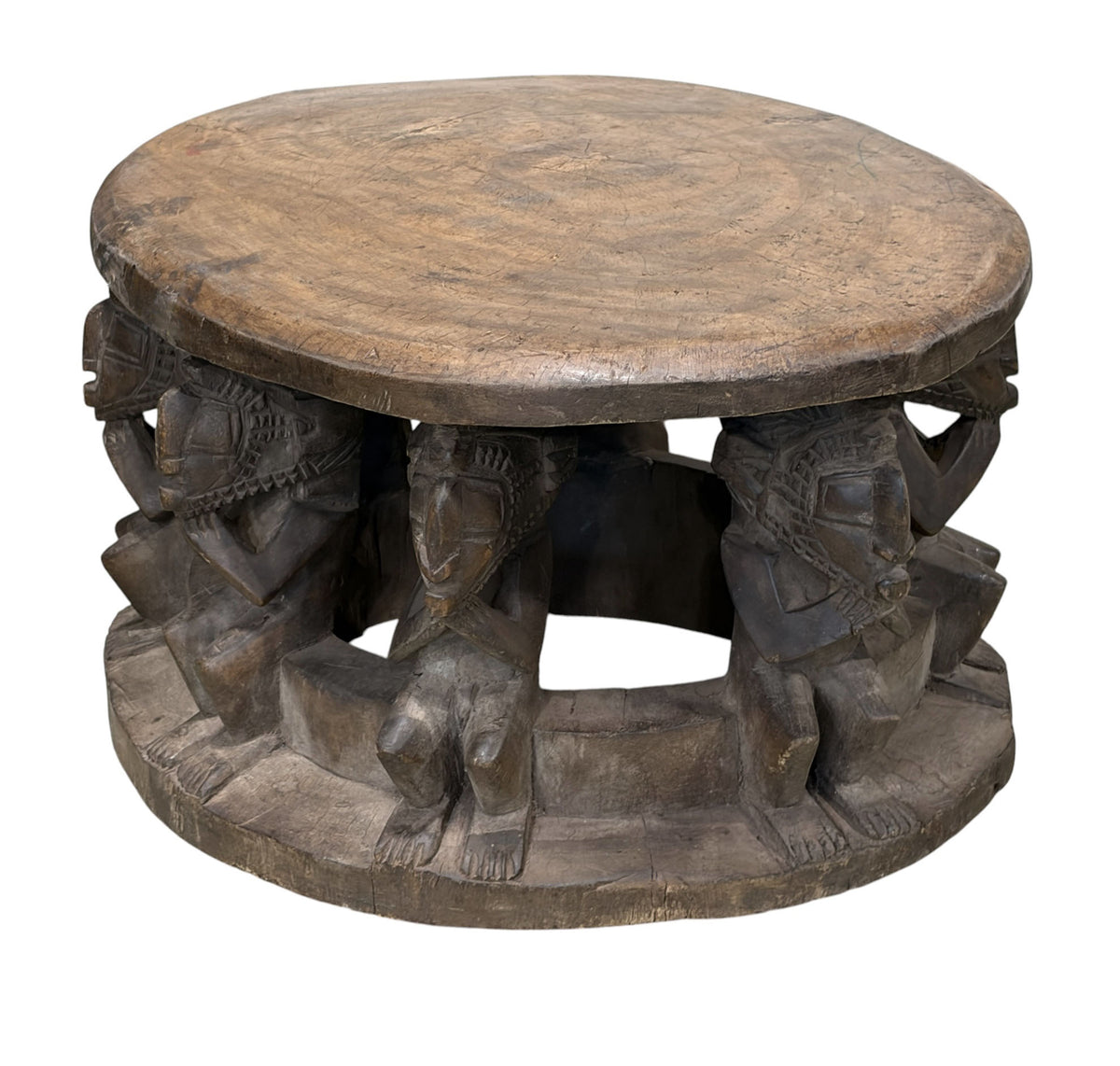 #1210 Vintage Large  Baga Carved Stool /Table Nimba Kneeling  Figures 27.5" W