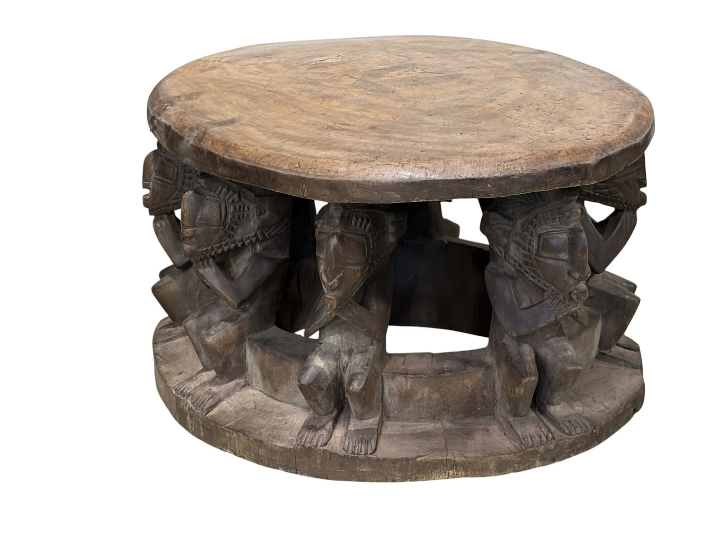 #1210 Vintage Large  Baga Carved Stool /Table Nimba Kneeling  Figures 27.5" W