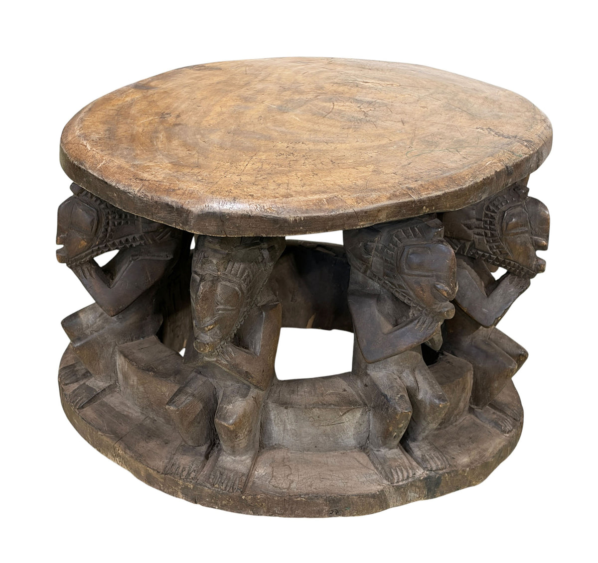 #1210 Vintage Large  Baga Carved Stool /Table Nimba Kneeling  Figures 27.5" W