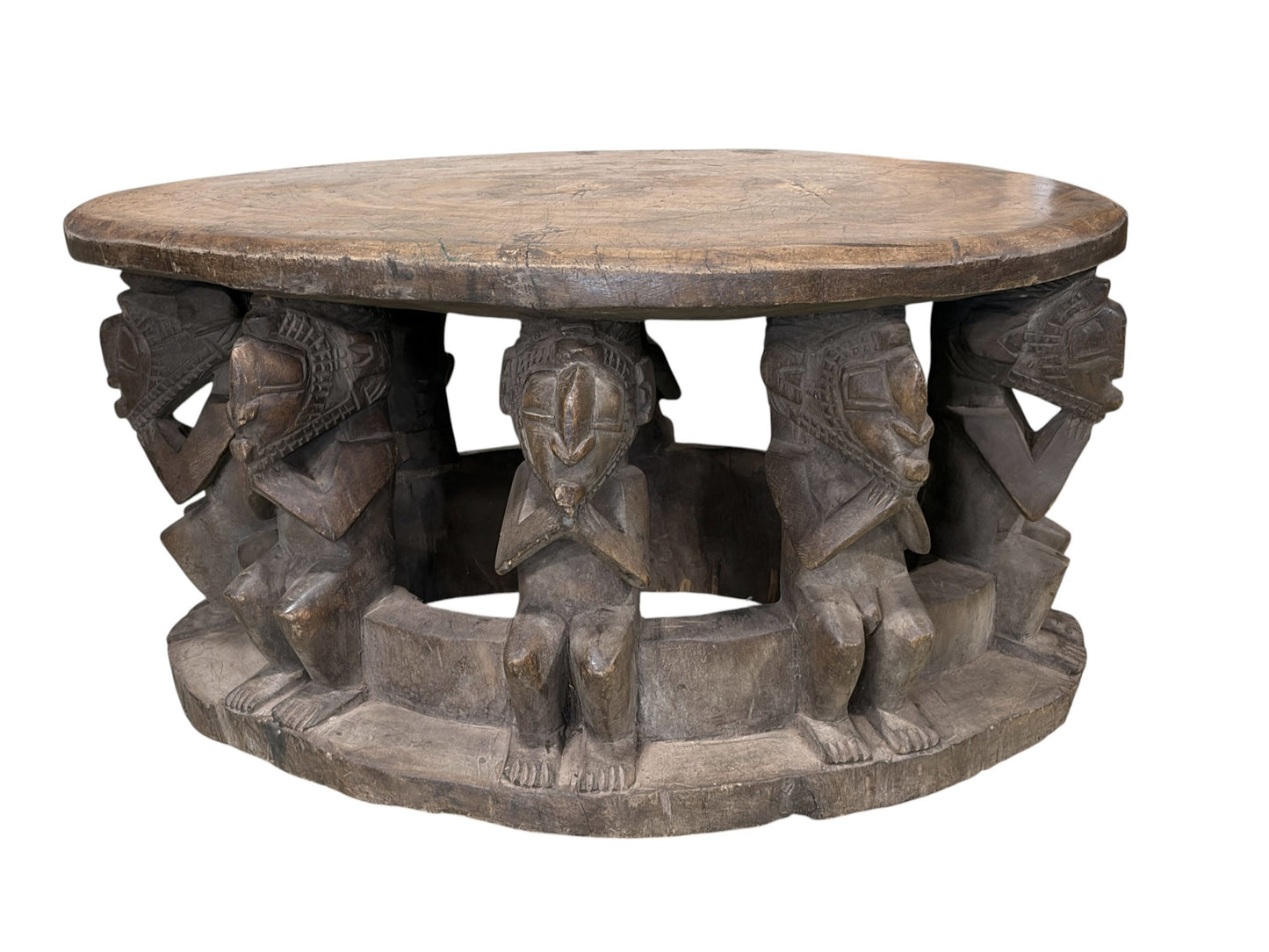 #1210 Vintage Large  Baga Carved Stool /Table Nimba Kneeling  Figures 27.5" W