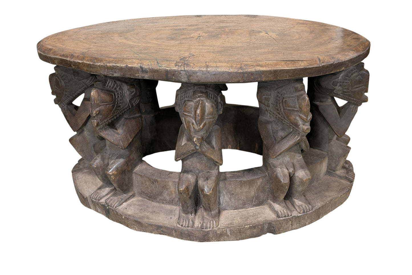 #1210 Vintage Large  Baga Carved Stool /Table Nimba Kneeling  Figures 27.5" W