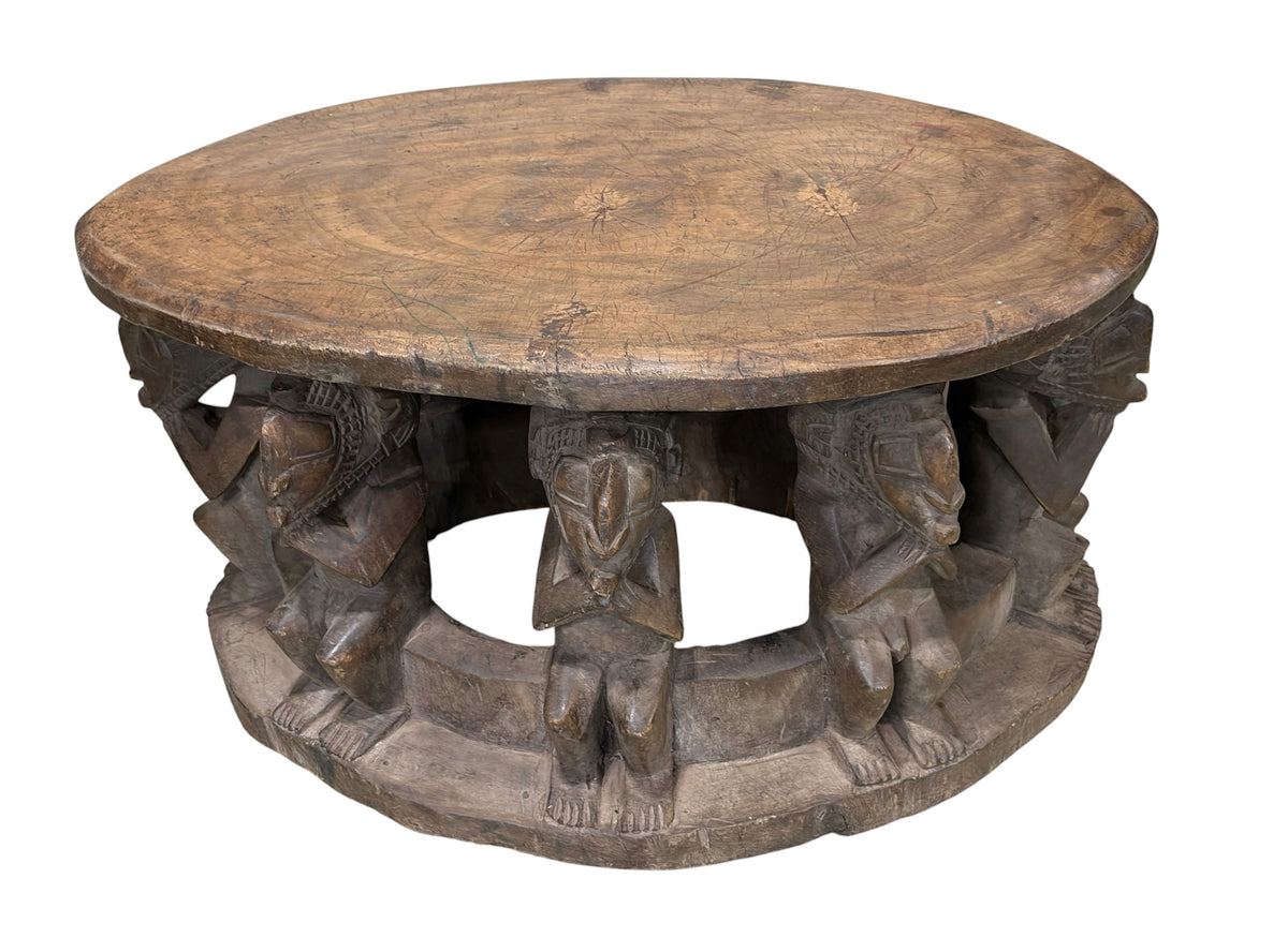 #1210 Vintage Large  Baga Carved Stool /Table Nimba Kneeling  Figures 27.5" W