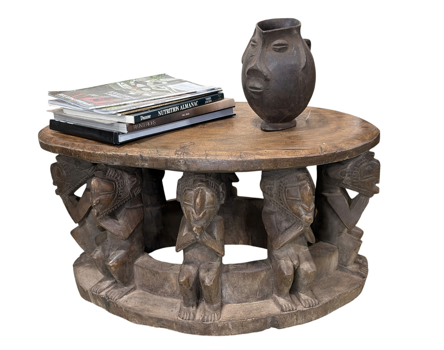 #1210 Vintage Large  Baga Carved Stool /Table Nimba Kneeling  Figures 27.5" W
