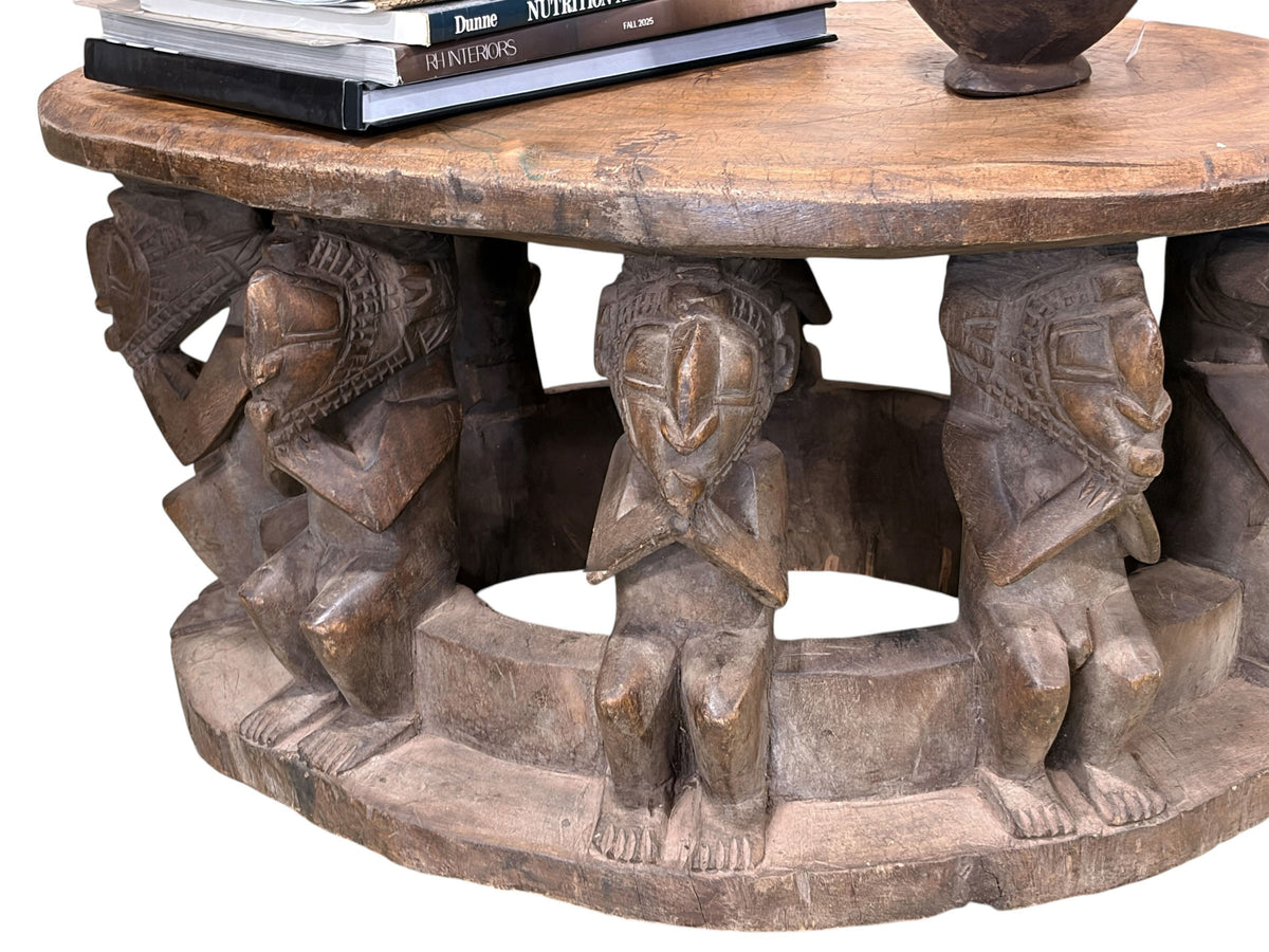 #1210 Vintage Large  Baga Carved Stool /Table Nimba Kneeling  Figures 27.5" W