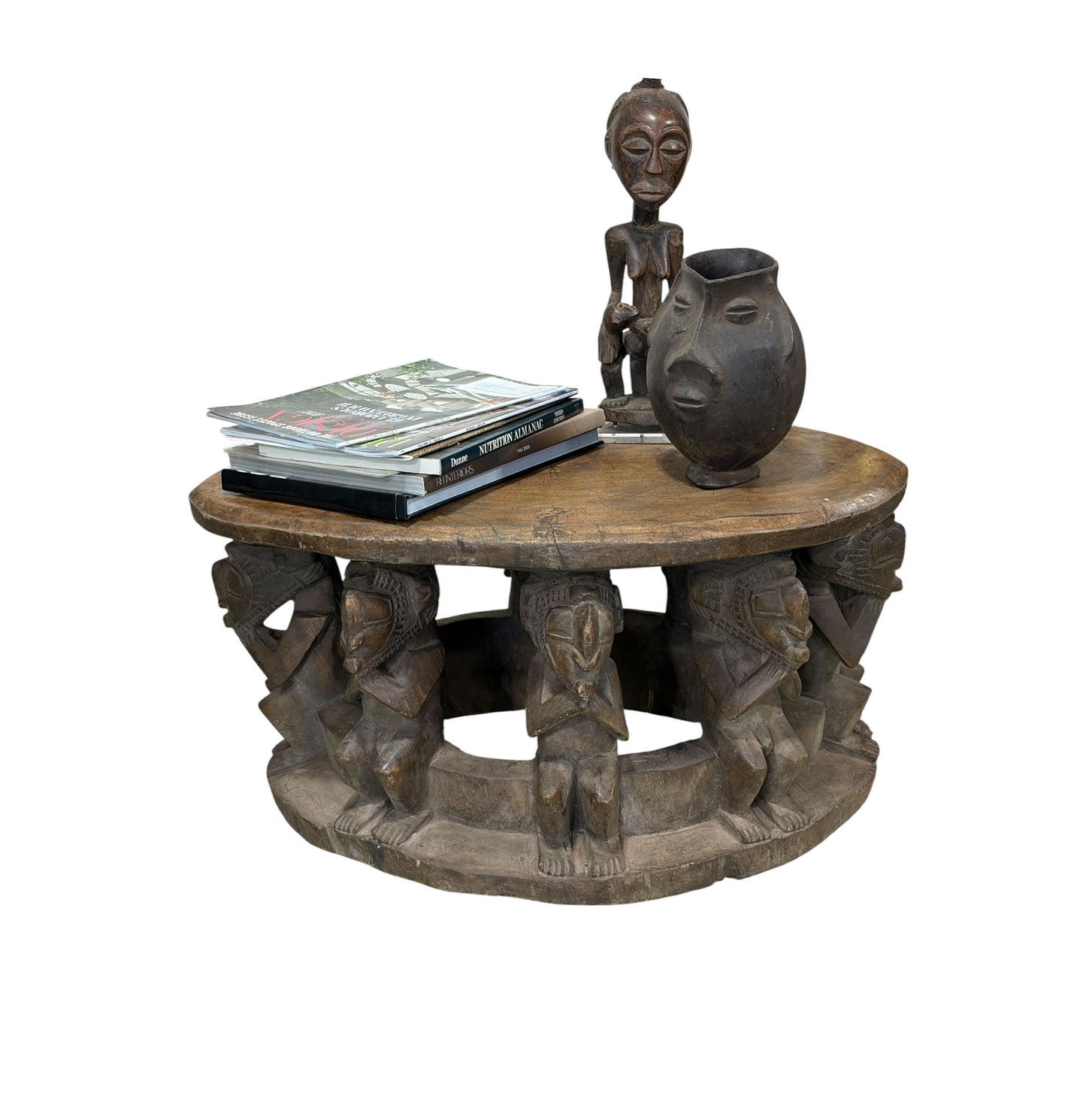 #1210 Vintage Large  Baga Carved Stool /Table Nimba Kneeling  Figures 27.5" W