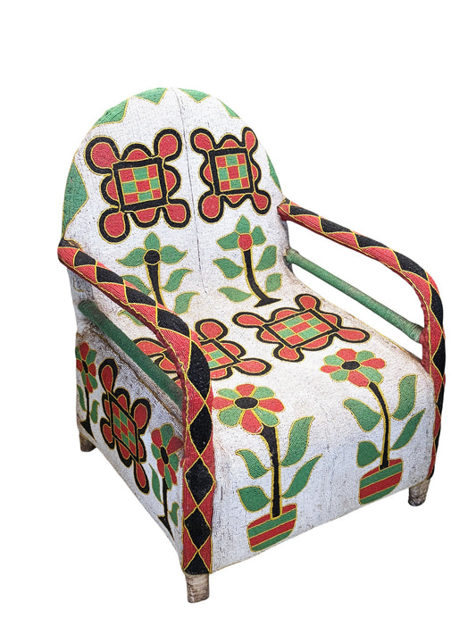 #1244 Vintage African Nigerian Small Yoruba Glass Beaded Chair sized for kids and teenagers.