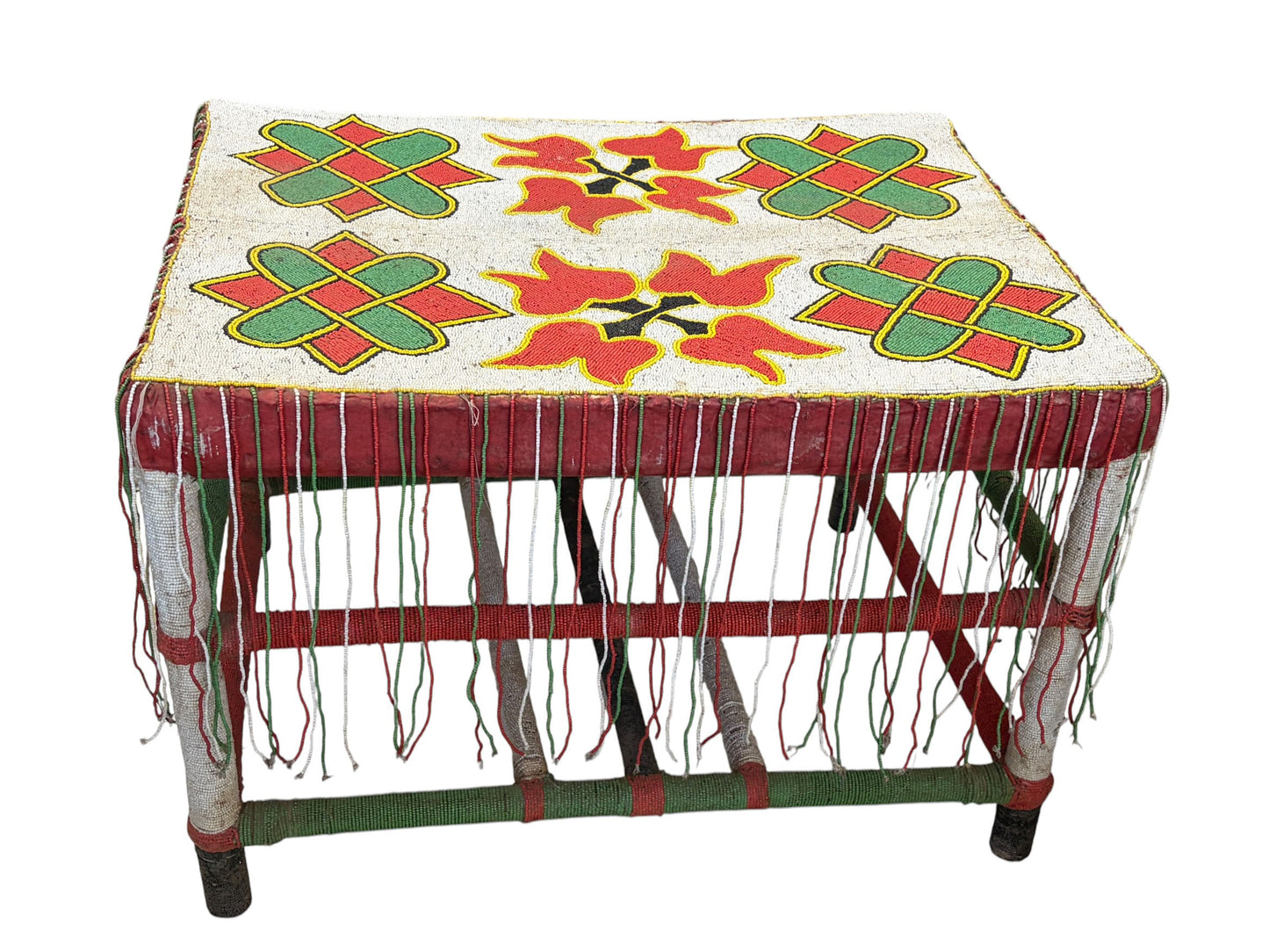 #1245 Vintage African Nobility Beaded Wood Yoruba Table Nigeria 17" H