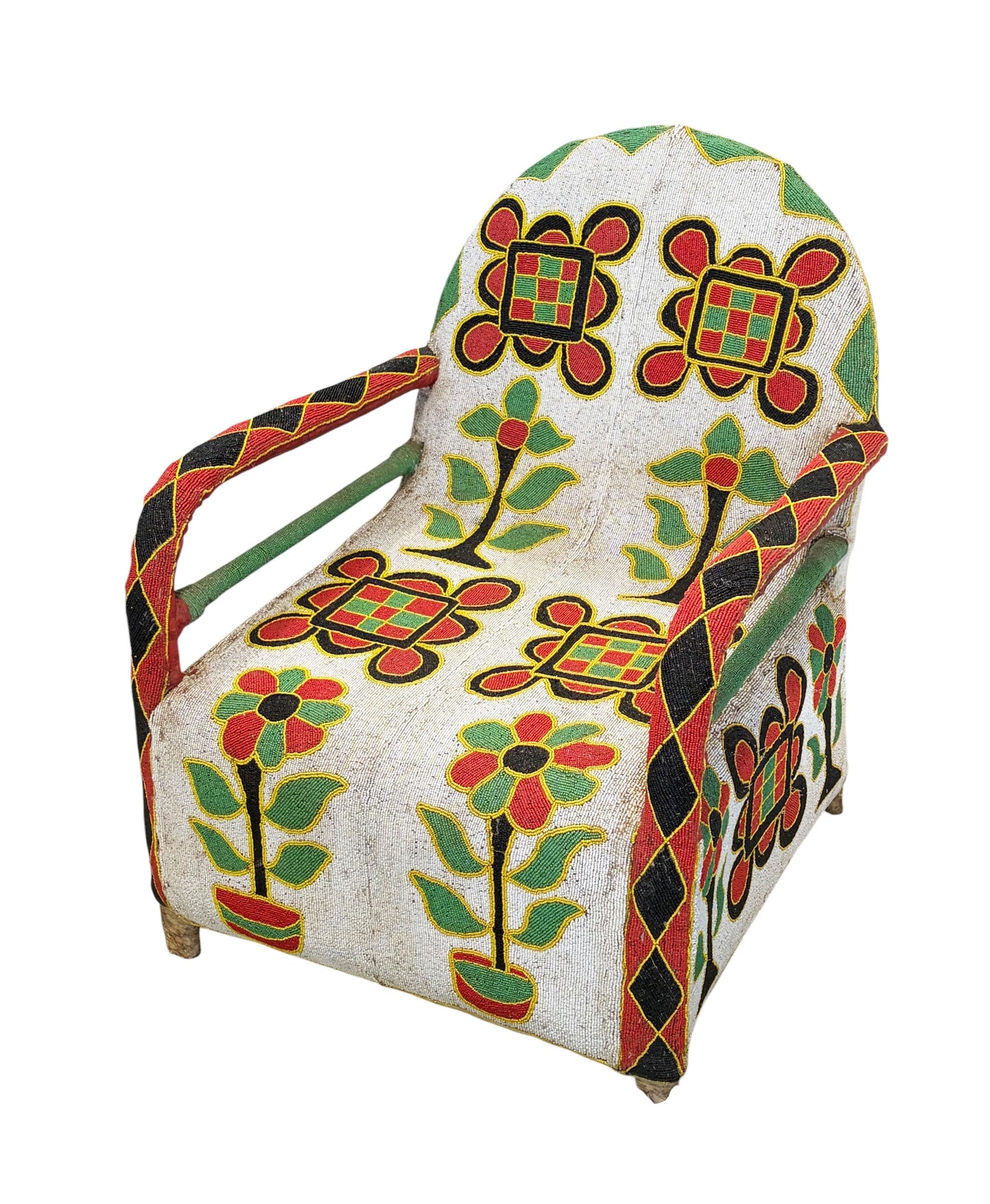 #1246 Vintage African Nigerian Small Yoruba Glass Beaded Chair sized for kids and teenagers.