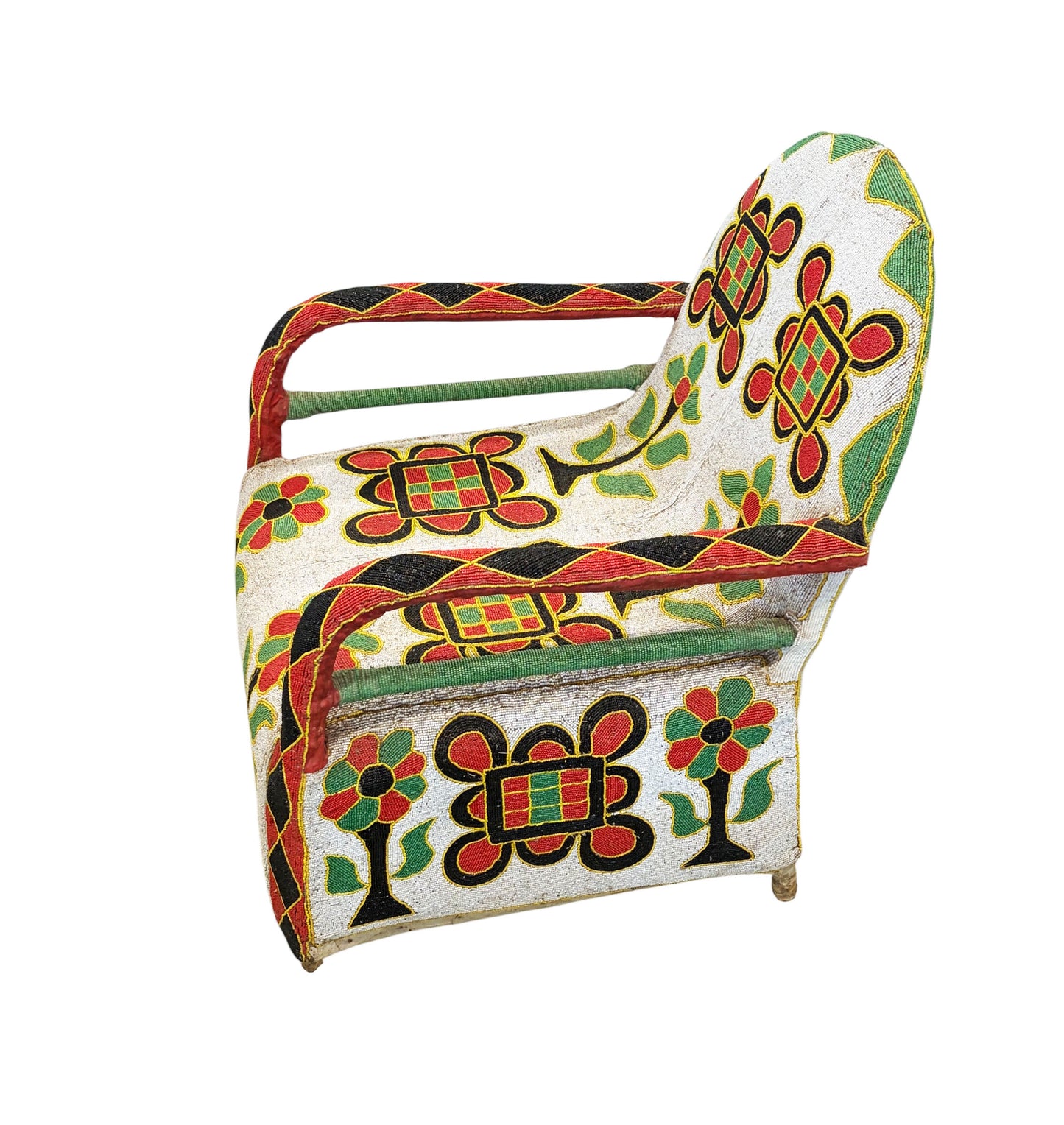 #1246 Vintage African Nigerian Small Yoruba Glass Beaded Chair sized for kids and teenagers.