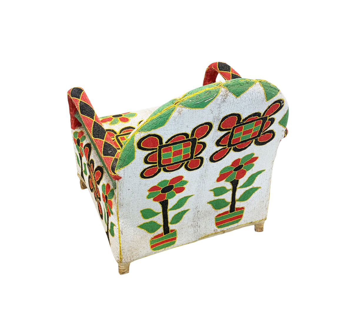 #1246 Vintage African Nigerian Small Yoruba Glass Beaded Chair sized for kids and teenagers.