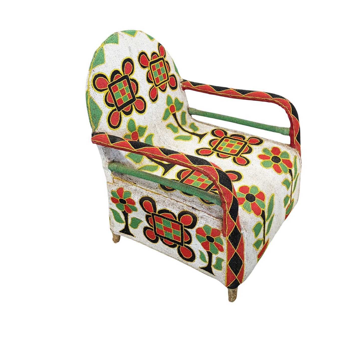 #1246 Vintage African Nigerian Small Yoruba Glass Beaded Chair sized for kids and teenagers.