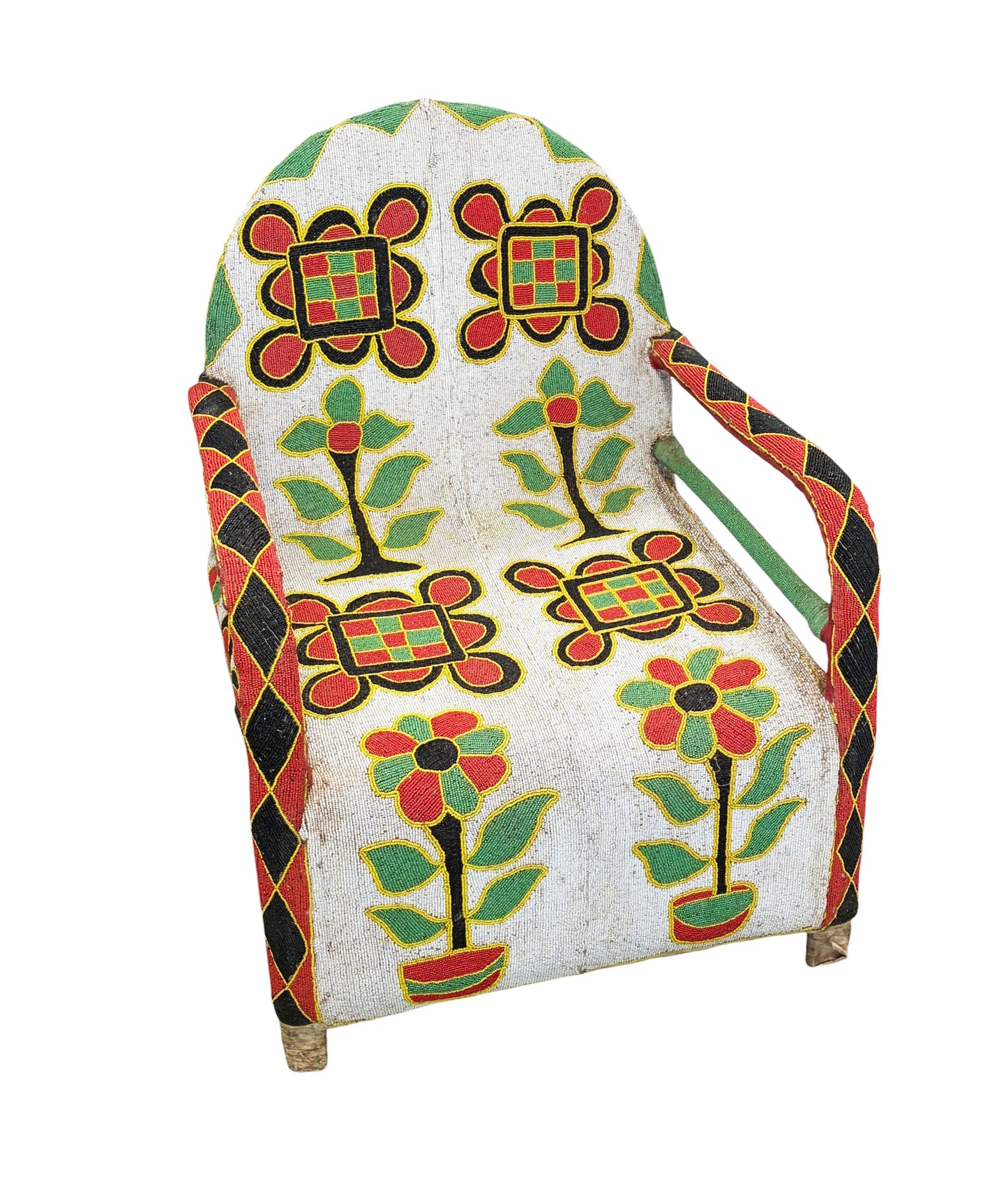 #1246 Vintage African Nigerian Small Yoruba Glass Beaded Chair sized for kids and teenagers.