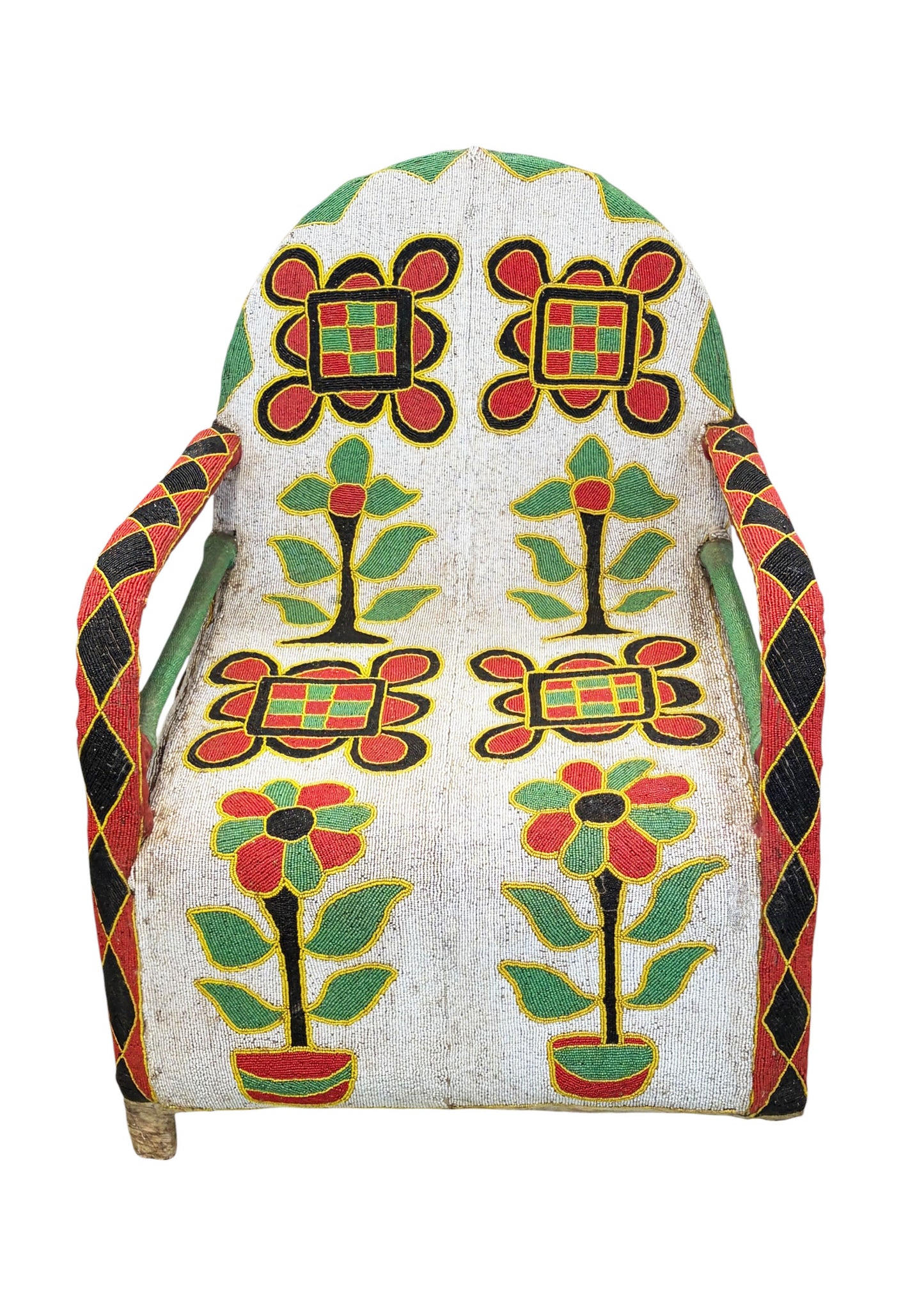 #1246 Vintage African Nigerian Small Yoruba Glass Beaded Chair sized for kids and teenagers.