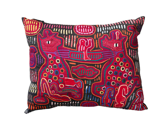#1819  Kuna Mola Hand Sewn Textile Folk Art Embroidered Colorful Throw Pillow 18"