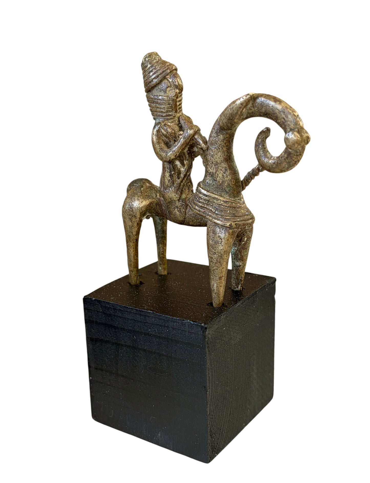 #4157  Vintage African Dogon Bronze Horseman Gold Weight Mali 5.25" H On Stand