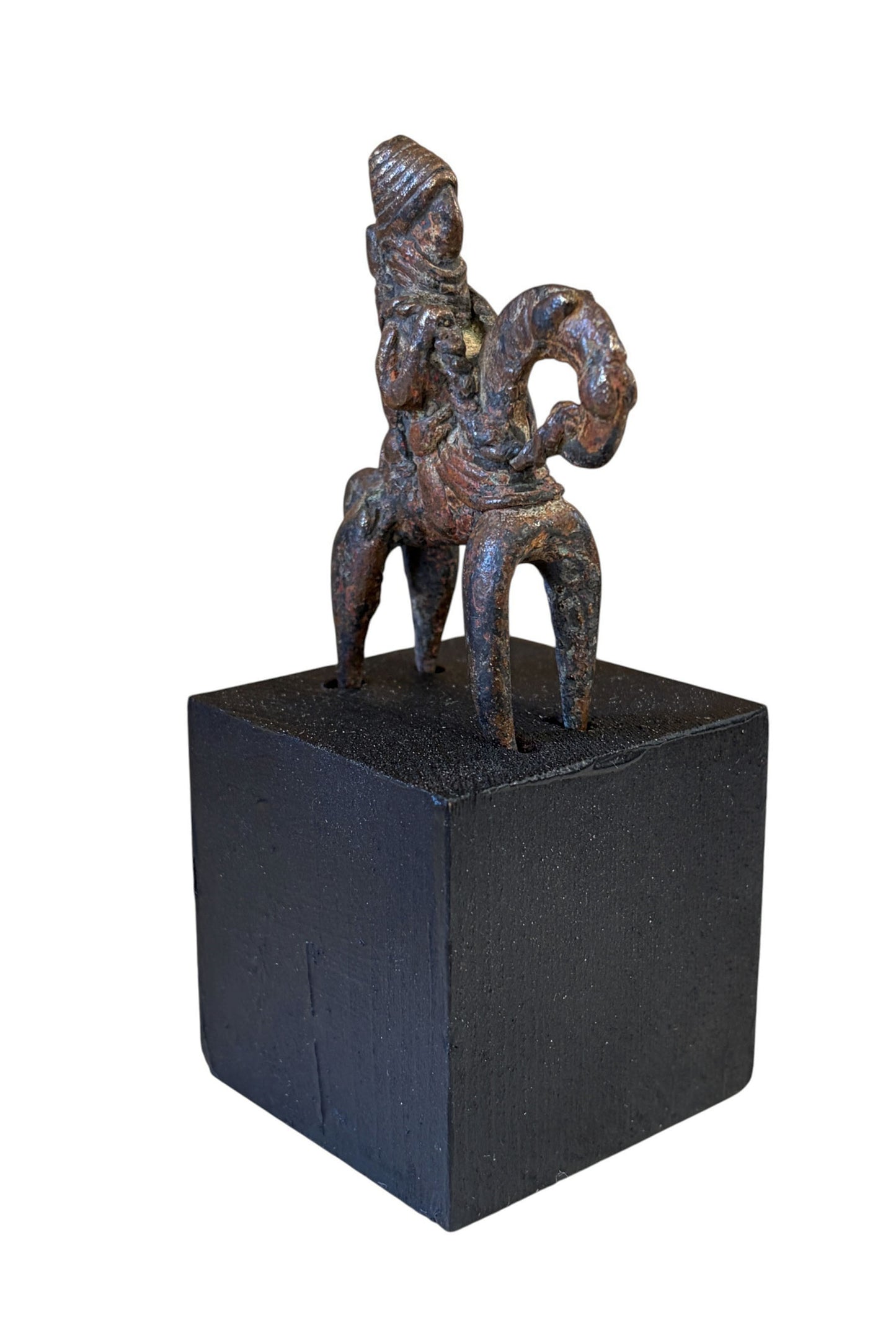 #5347 Vintage  African Dogon Bronze Horseman Gold Weight Mali 4.75" H On Stand